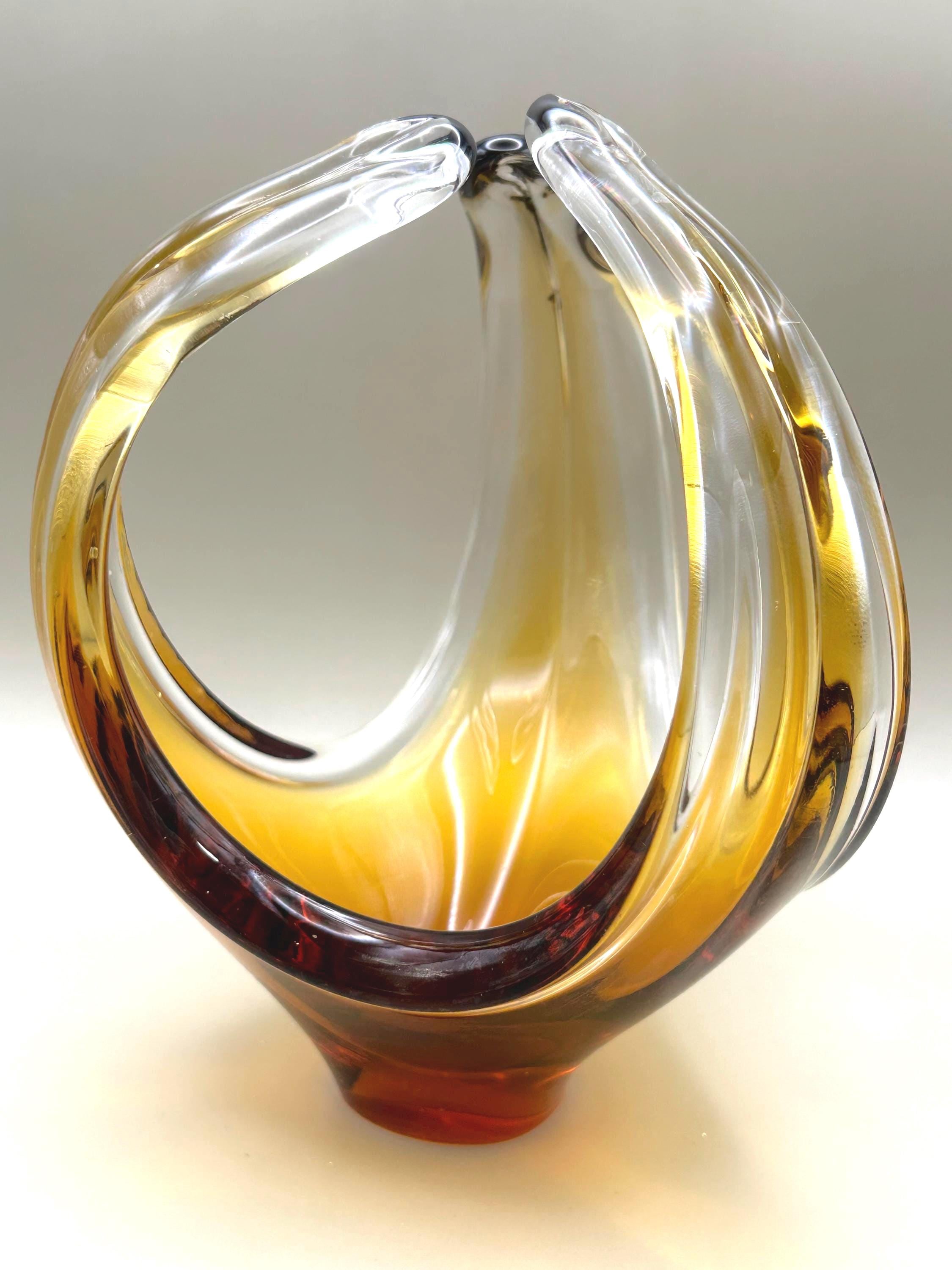 Murano Glass Sculpture Vase – Amber & Clear | Italian Art Glass, 18 cm