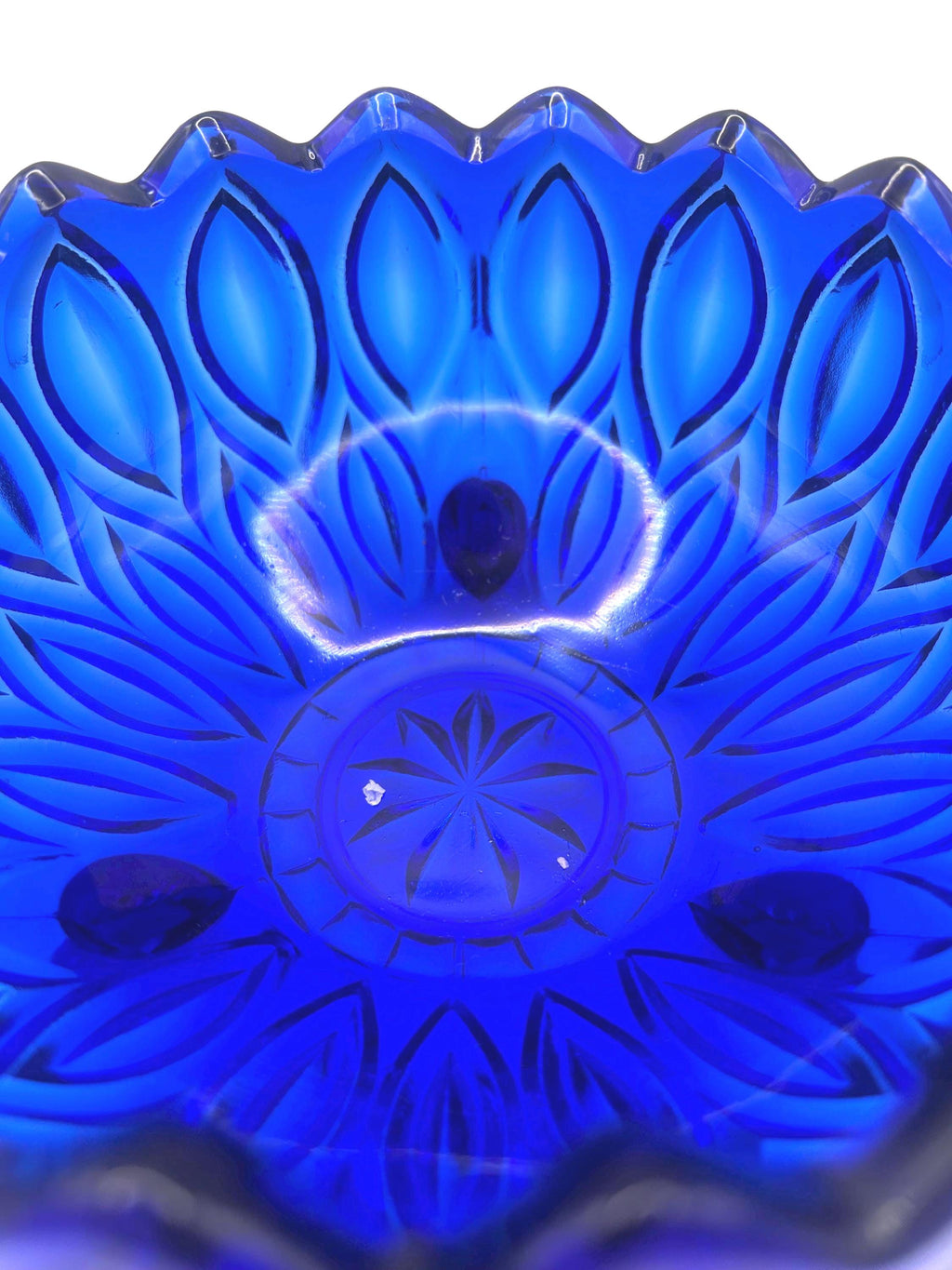 Bohemian, Czech Cobalt Blue Pressed Glass Bowl – Rosice Style Leaf Pattern, c.1960s