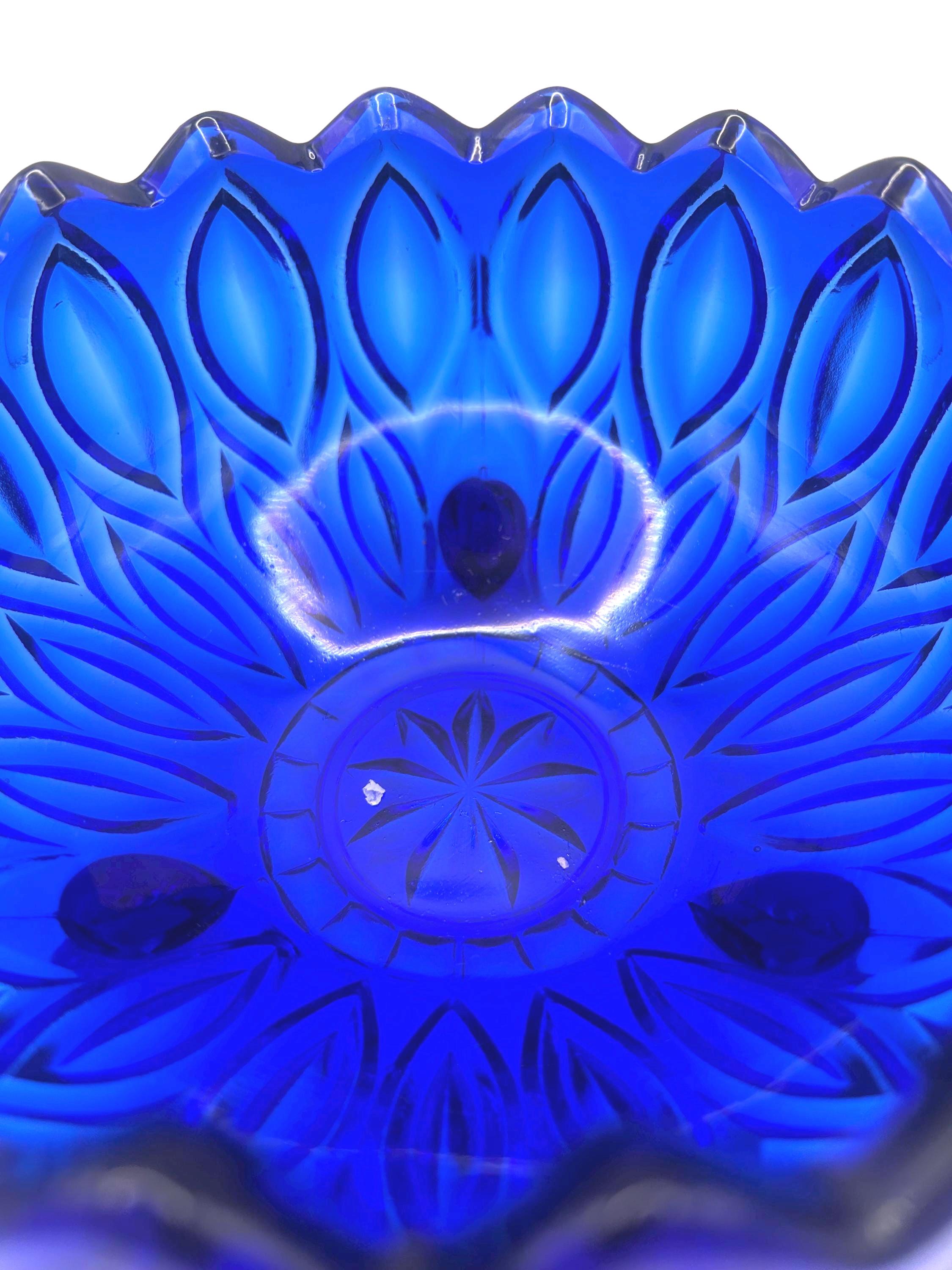 Bohemian, Czech Cobalt Blue Pressed Glass Bowl – Rosice Style Leaf Pattern, c.1960s