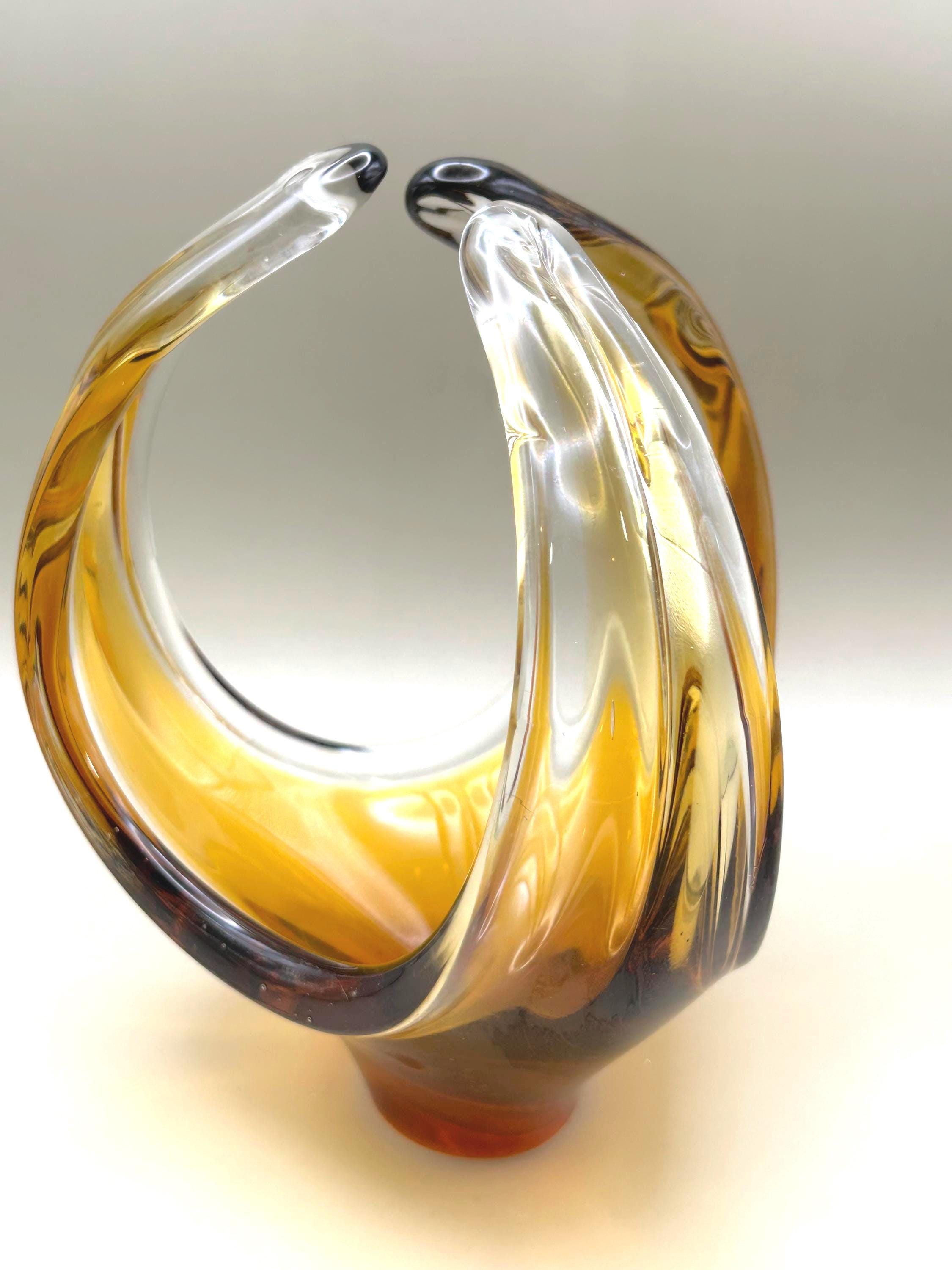 Murano Glass Sculpture Vase – Amber & Clear | Italian Art Glass, 18 cm