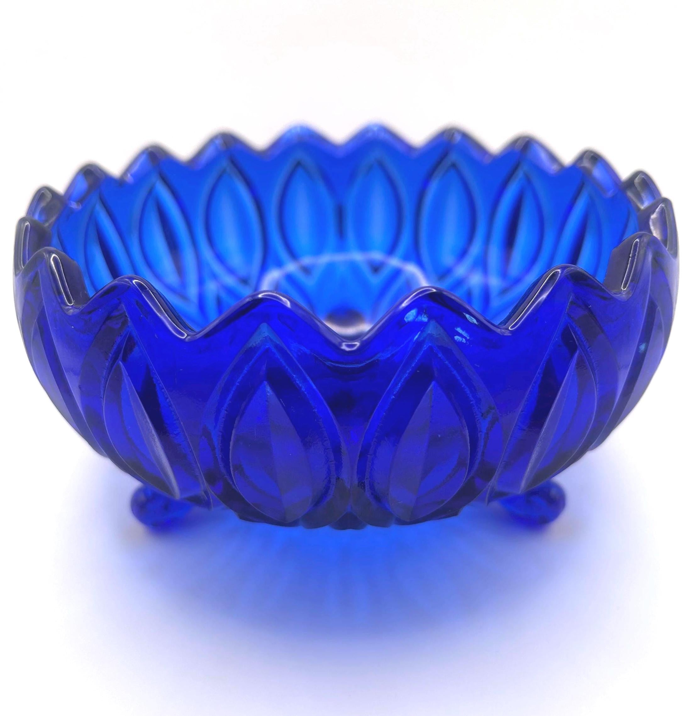 Bohemian, Czech Cobalt Blue Pressed Glass Bowl – Rosice Style Leaf Pattern, c.1960s