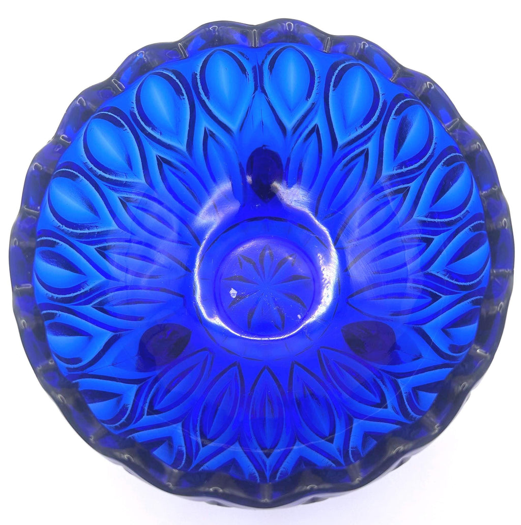 Bohemian, Czech Cobalt Blue Pressed Glass Bowl – Rosice Style Leaf Pattern, c.1960s