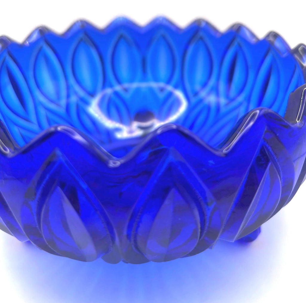 Bohemian, Czech Cobalt Blue Pressed Glass Bowl – Rosice Style Leaf Pattern, c.1960s