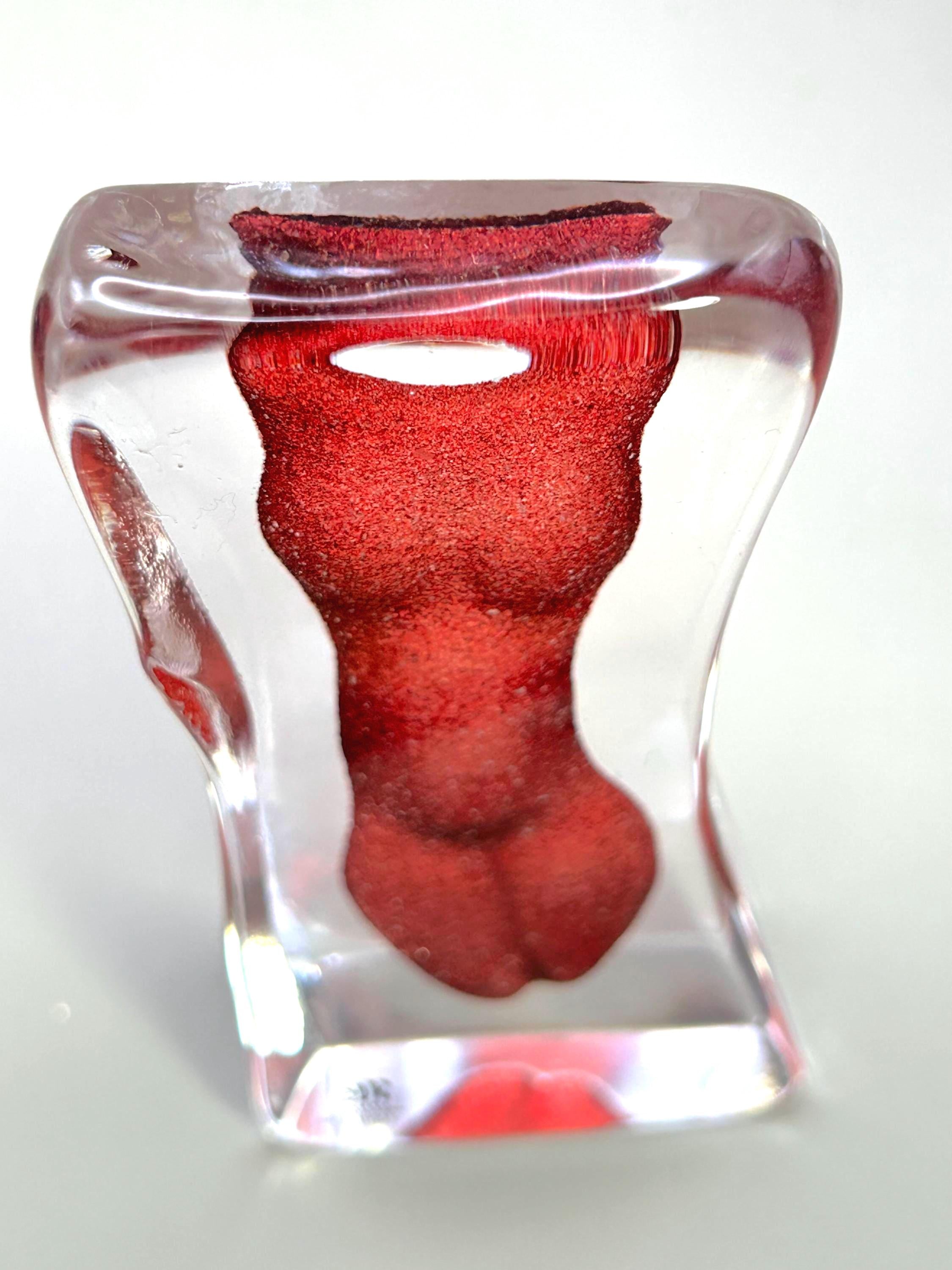 Vintage Mats Jonasson Crystal Woman Sculpture, Red Art Glass, Sweden