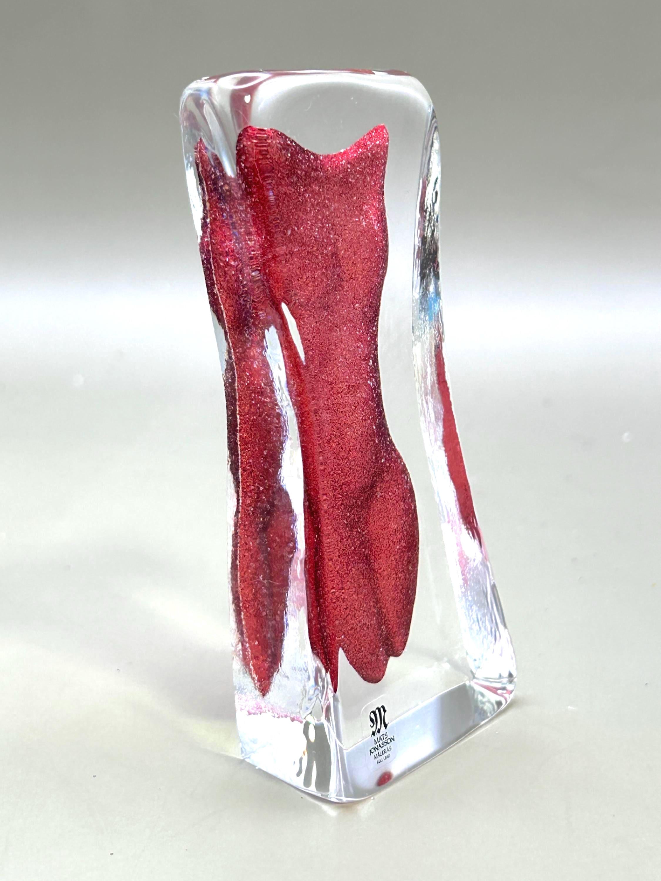 Vintage Mats Jonasson Crystal Woman Sculpture, Red Art Glass, Sweden