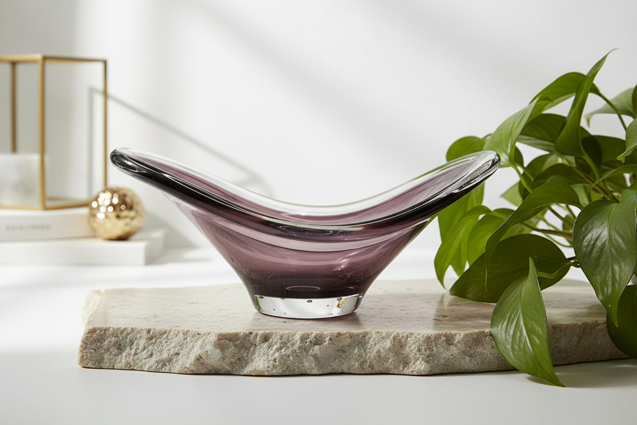 Vintage FM Konstglas Amethyst Crystal Centerpiece Bowl | Scandinavian Art Glass