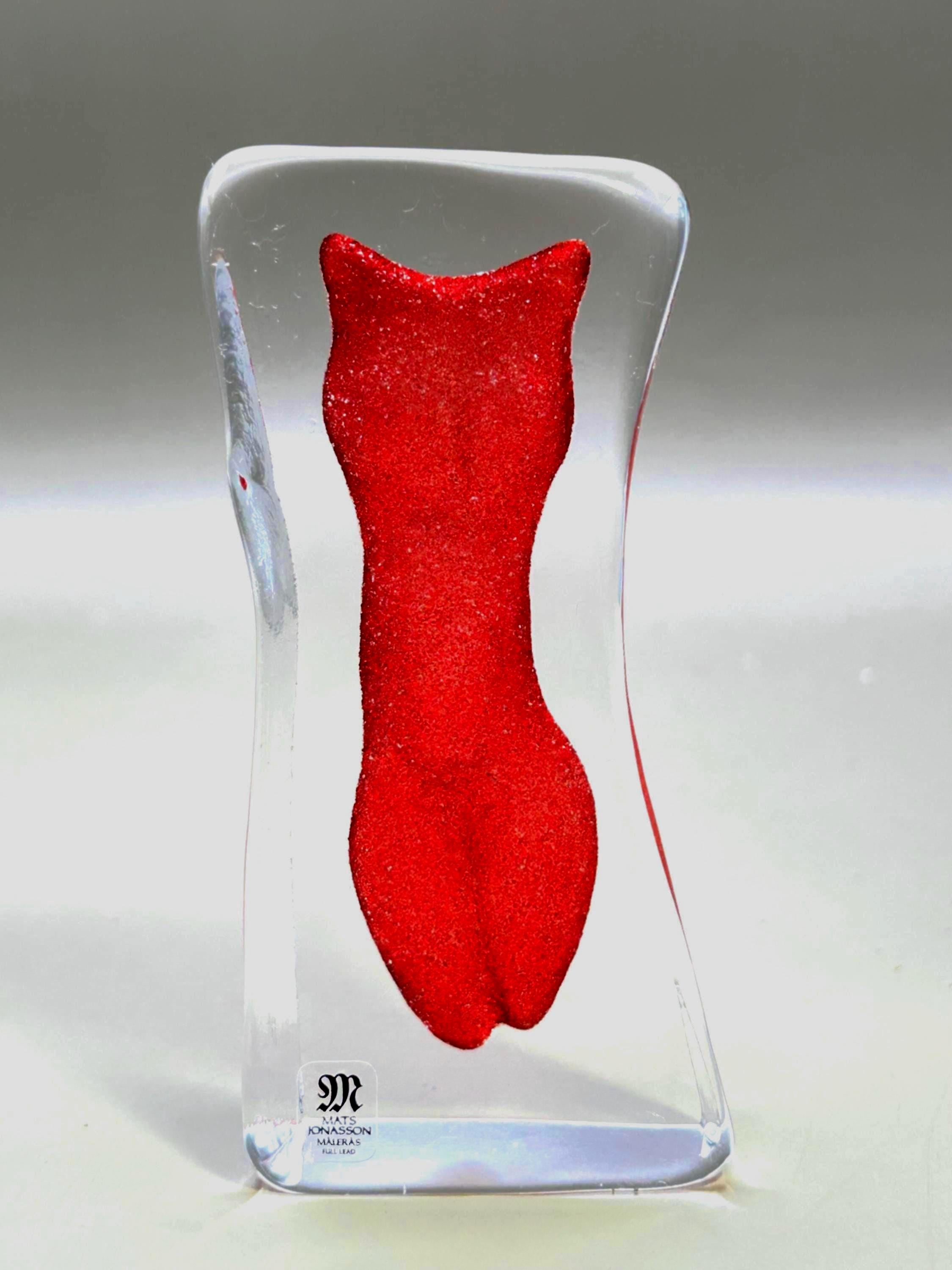 Vintage Mats Jonasson Crystal Woman Sculpture, Red Art Glass, Sweden