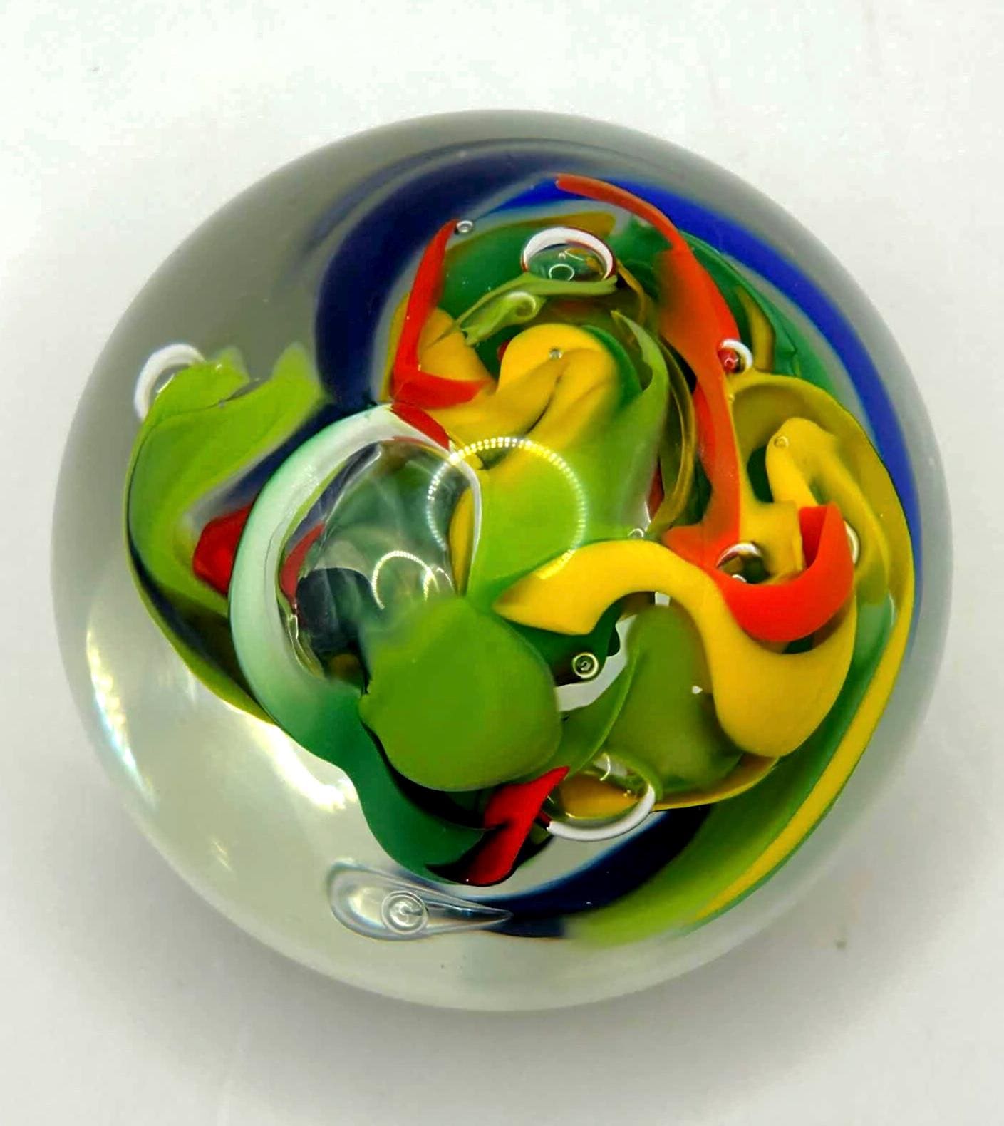European Paperweight. Swirl Signed -McBlow- Handmade Colorful Glass Sphere 6 cm