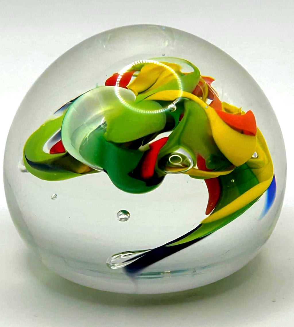 European Paperweight. Swirl Signed -McBlow- Handmade Colorful Glass Sphere 6 cm