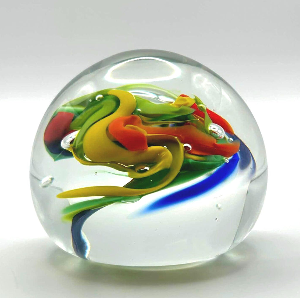 European Paperweight. Swirl Signed -McBlow- Handmade Colorful Glass Sphere 6 cm