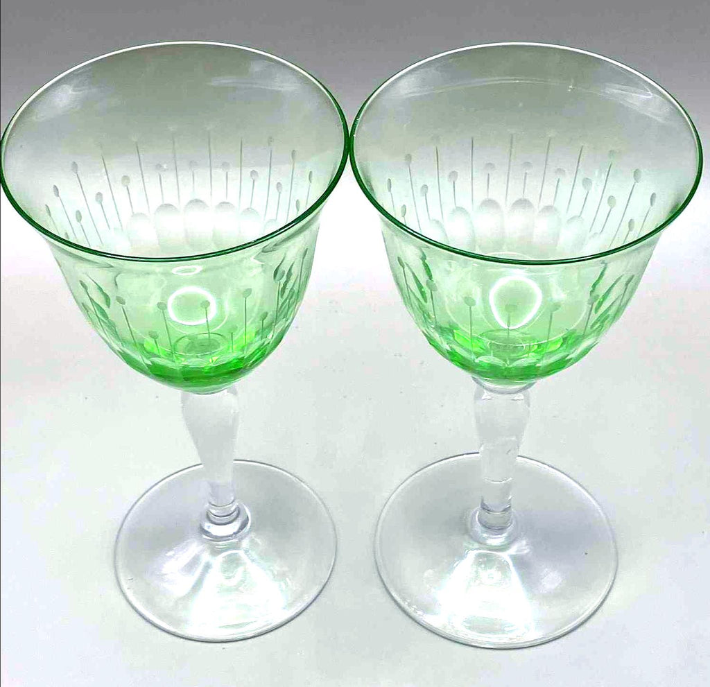Vintage Bohemian Uranium Wine Glasses, Czech Art Glass
