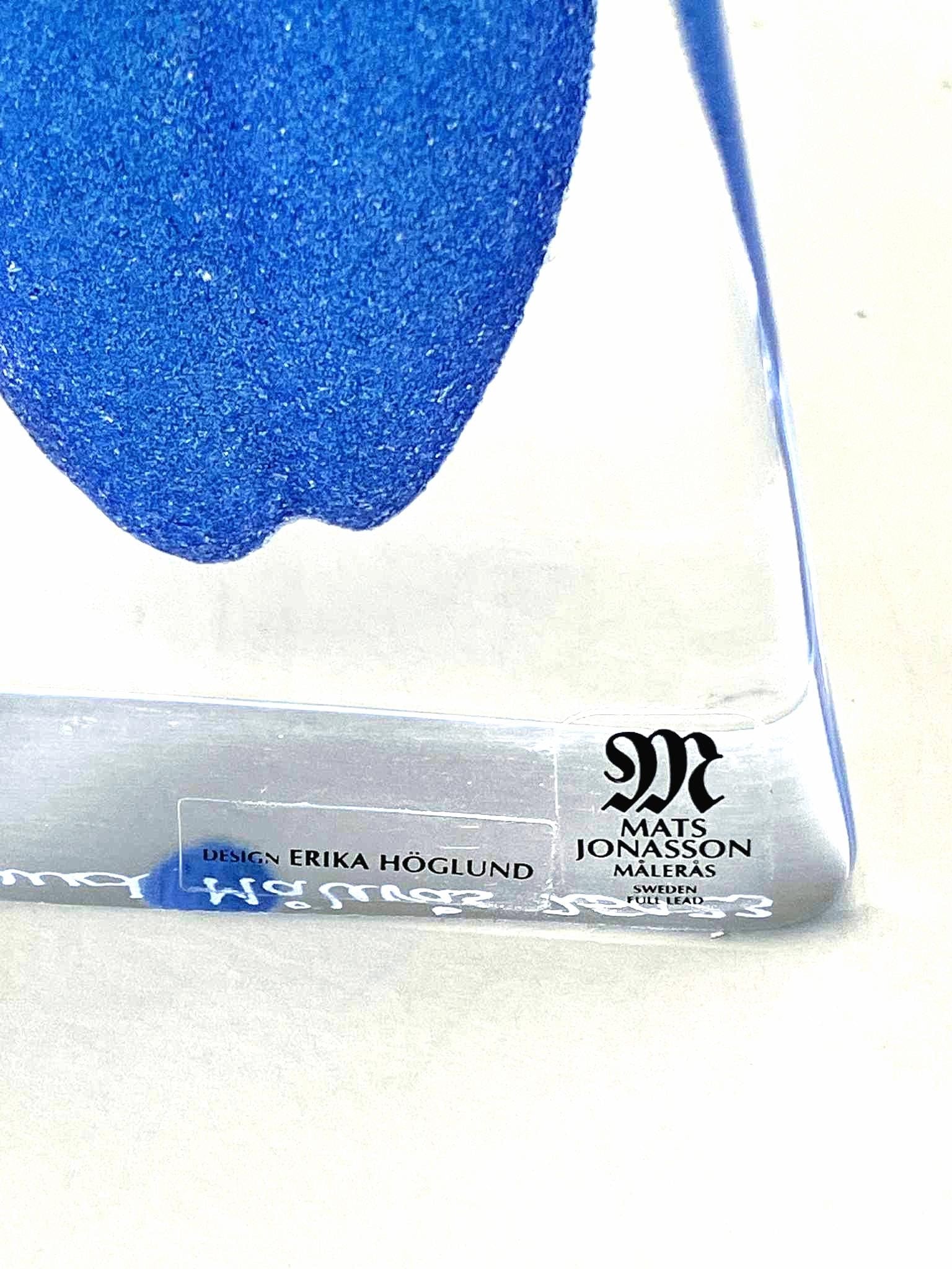 Erika Höglund Signed Blue Crystal Sculpture, Mats Jonasson Målerås Art Glass