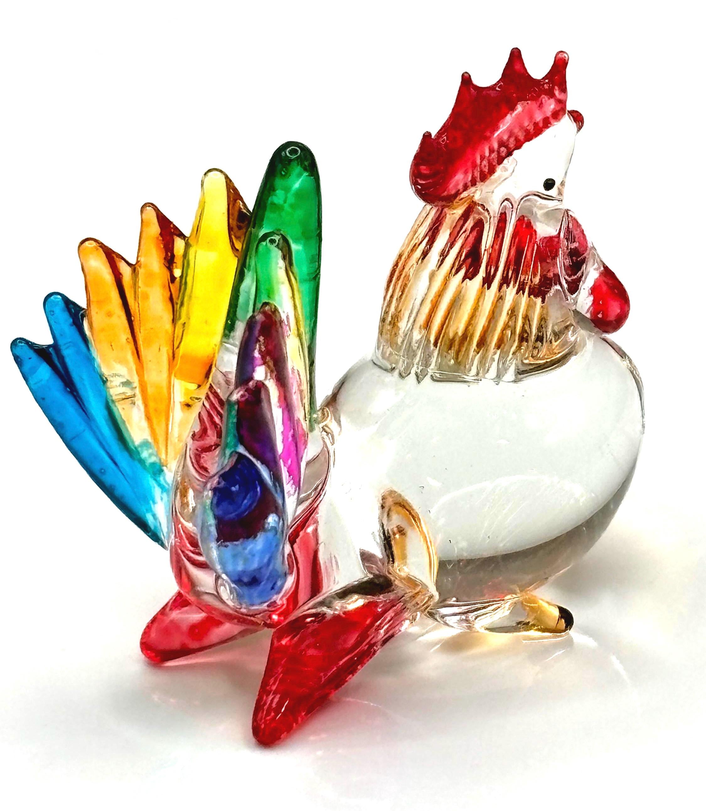 Vintage Crystal Rooster miniature Figurine – Colorful hand made Scandinavian Art Glass