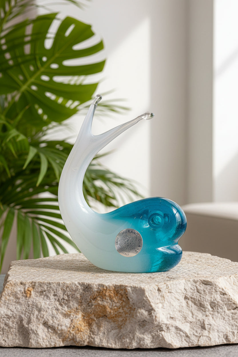 Vintage Murano, Italy. Dolphin Sculpture – Blue & White Opaline Sommerso Art Glass