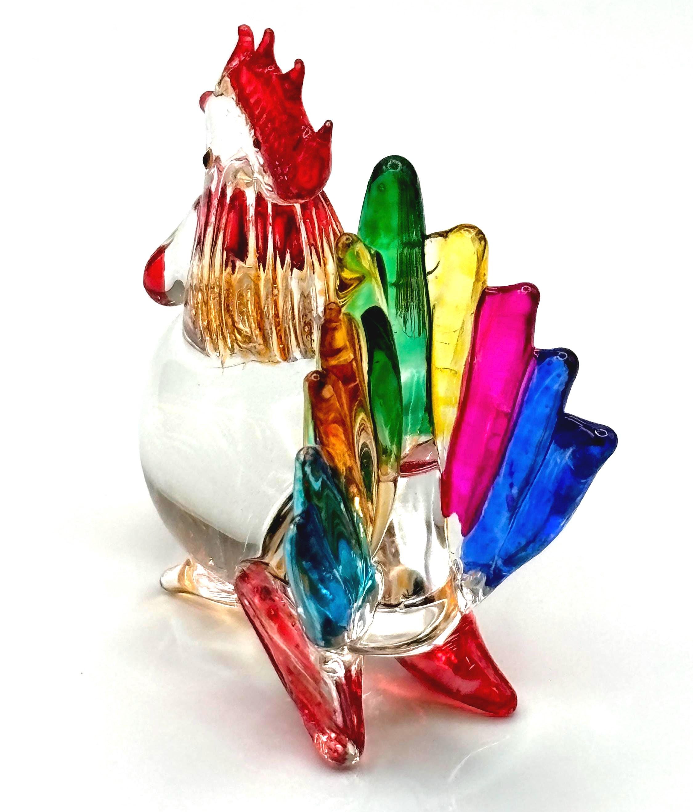 Vintage Crystal Rooster miniature Figurine – Colorful hand made Scandinavian Art Glass