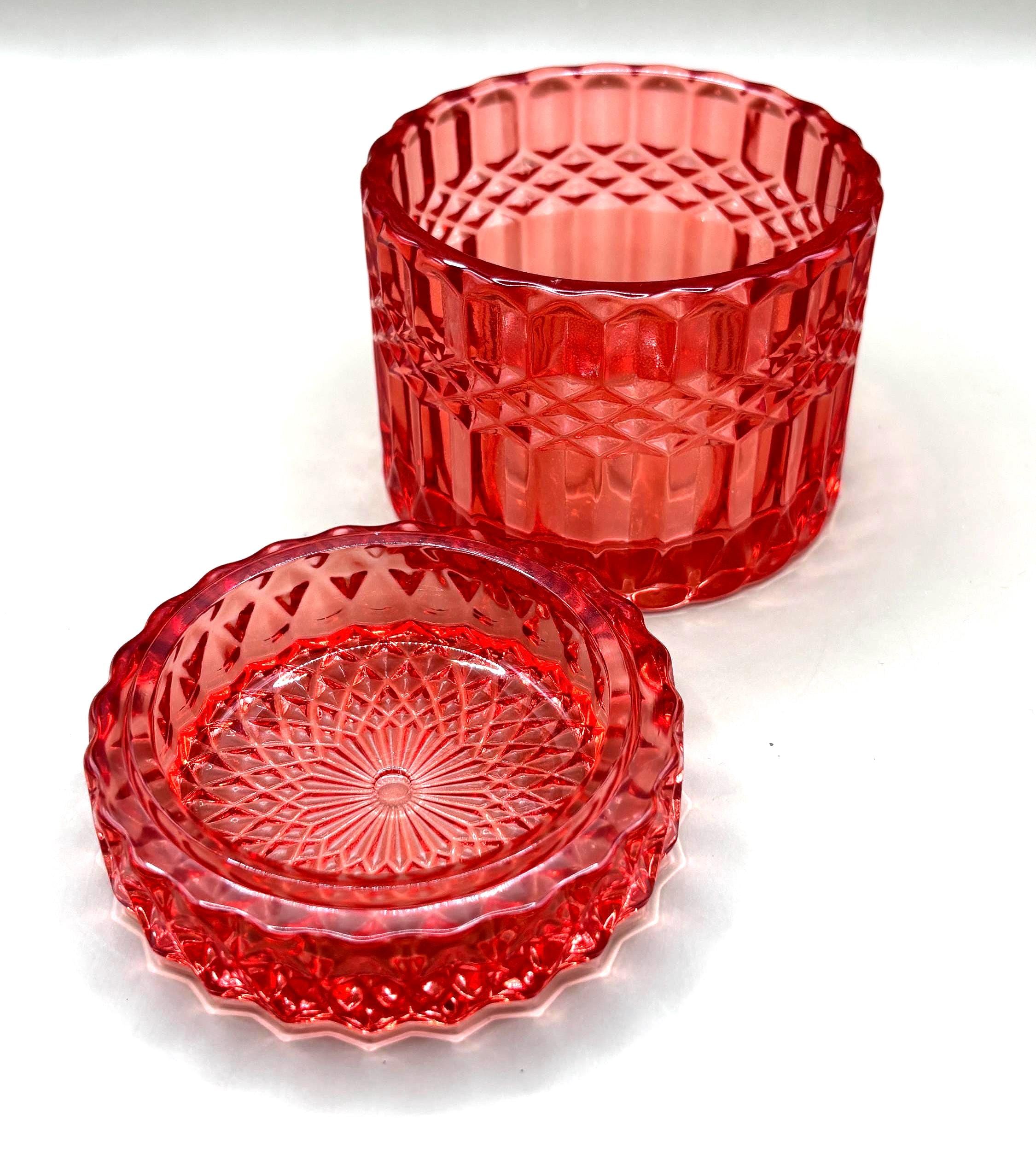 Bohemian Ruby Red Crystal Jewelry Box, Geometric Cut Glass Trinket Container