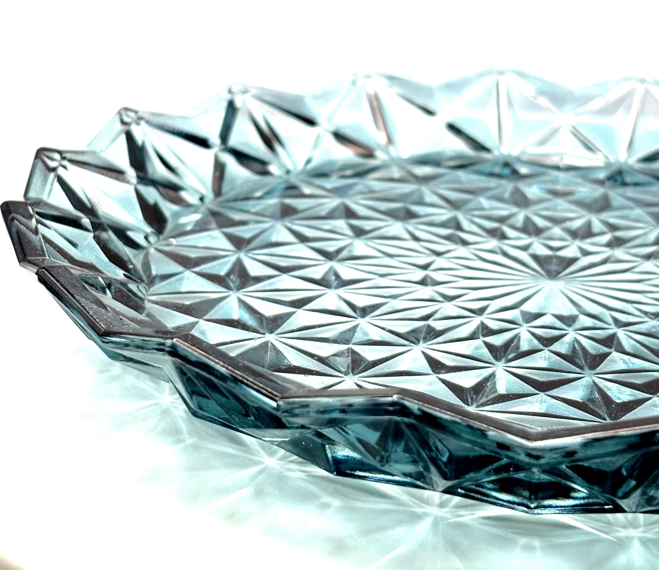 Vintage Bohemian Blue Crystal Serving Platter | Starburst Cut Glass 25 cm