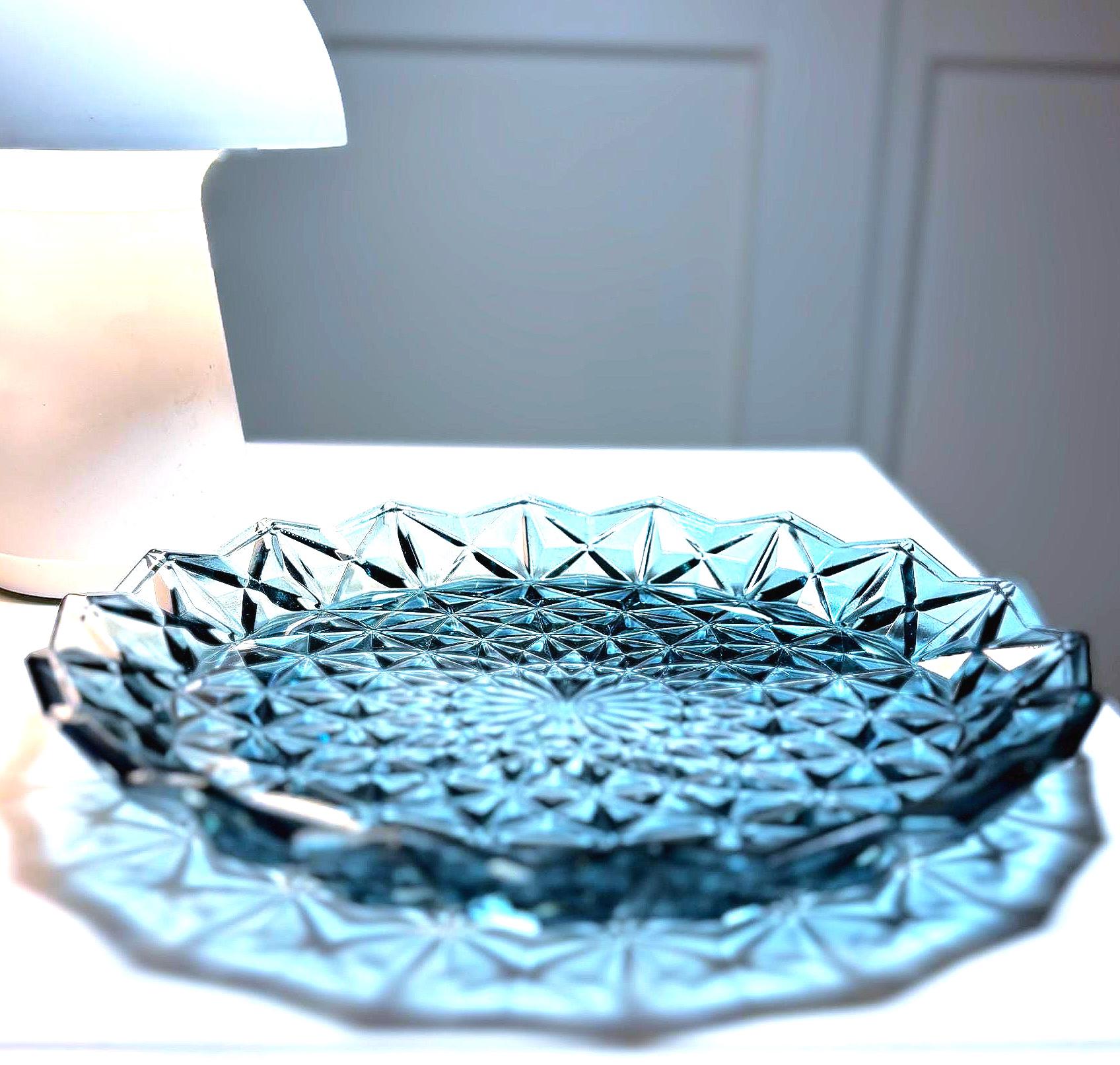 Vintage Bohemian Blue Crystal Serving Platter | Starburst Cut Glass 25 cm