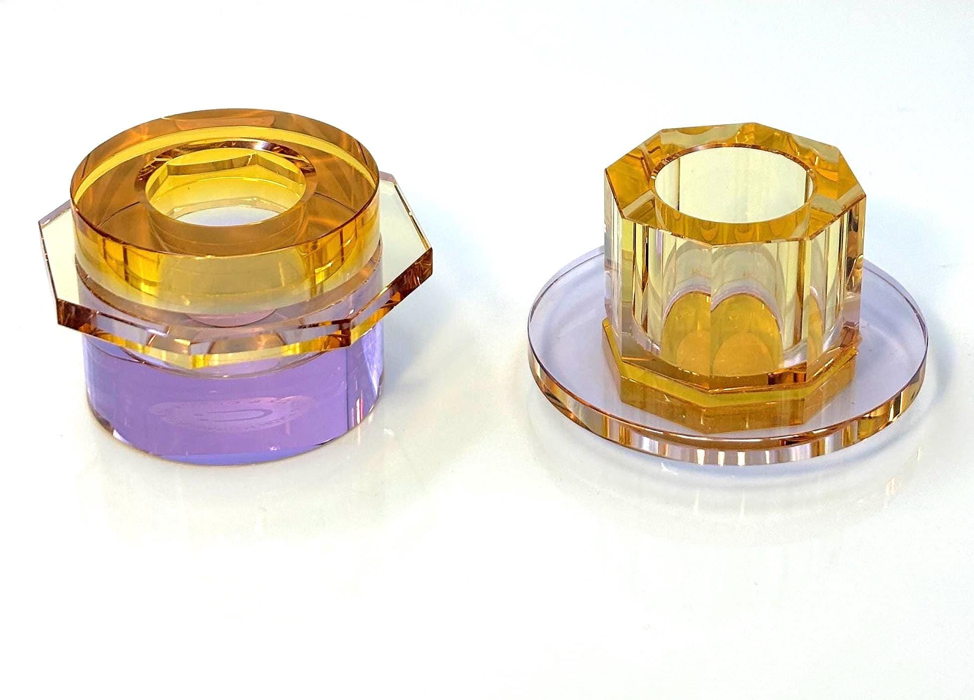 Hübsch Crystal Candleholders – Amber & Lilac Glass, Danish Design, Original Gold Label