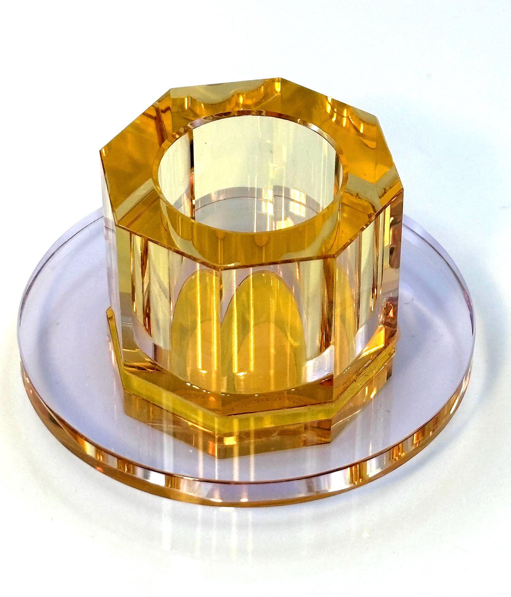 Hübsch Crystal Candleholders – Amber & Lilac Glass, Danish Design, Original Gold Label