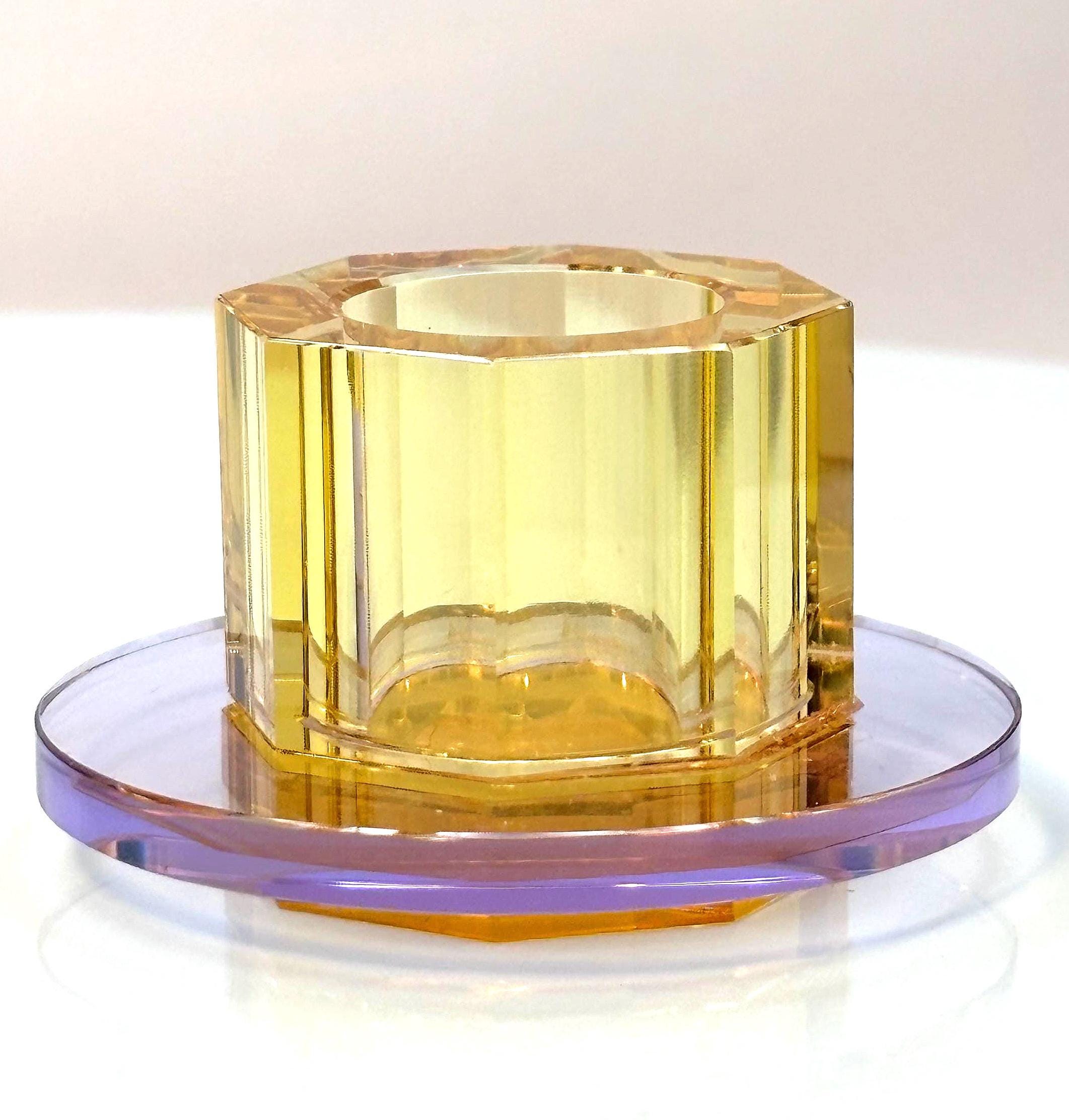 Hübsch Crystal Candleholders – Amber & Lilac Glass, Danish Design, Original Gold Label