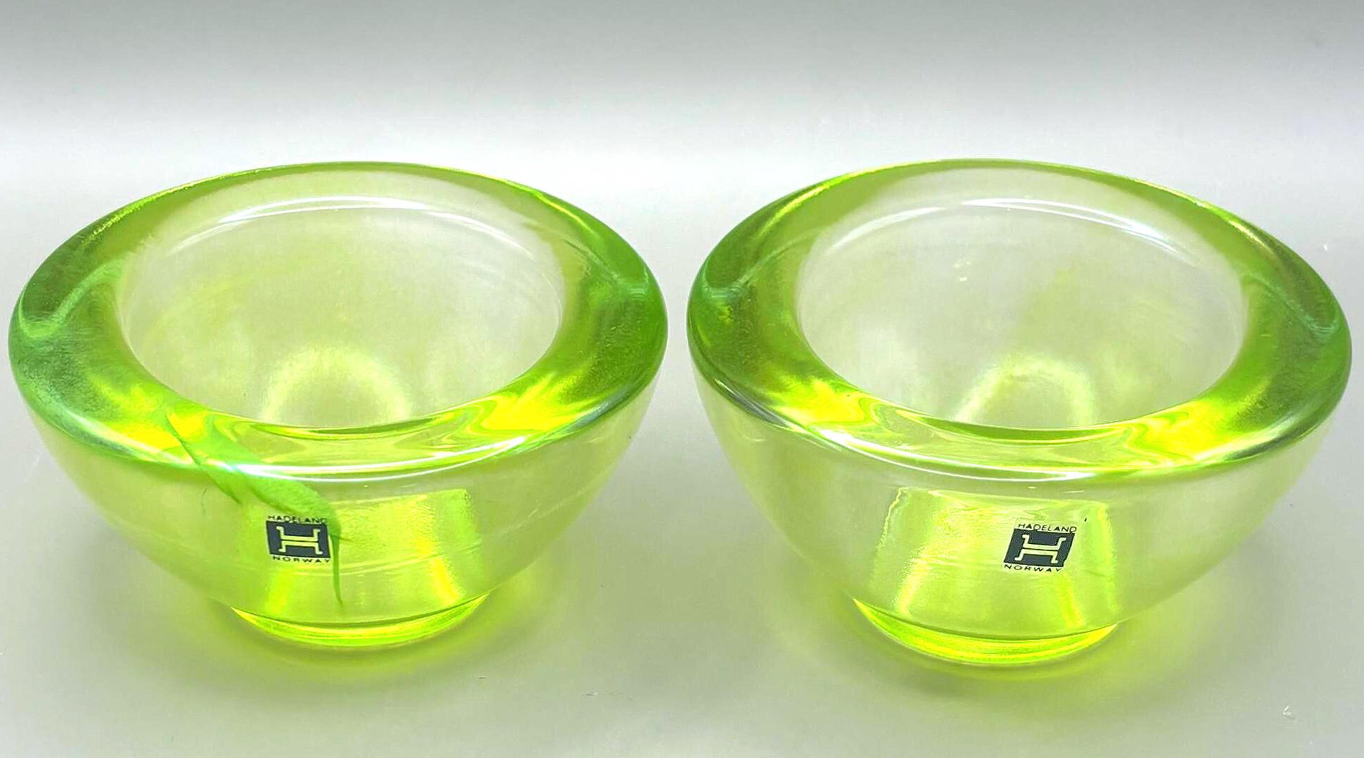 Vintage Hadeland Glassverk Lime Green Glass Candle Holders, Pair, Norway