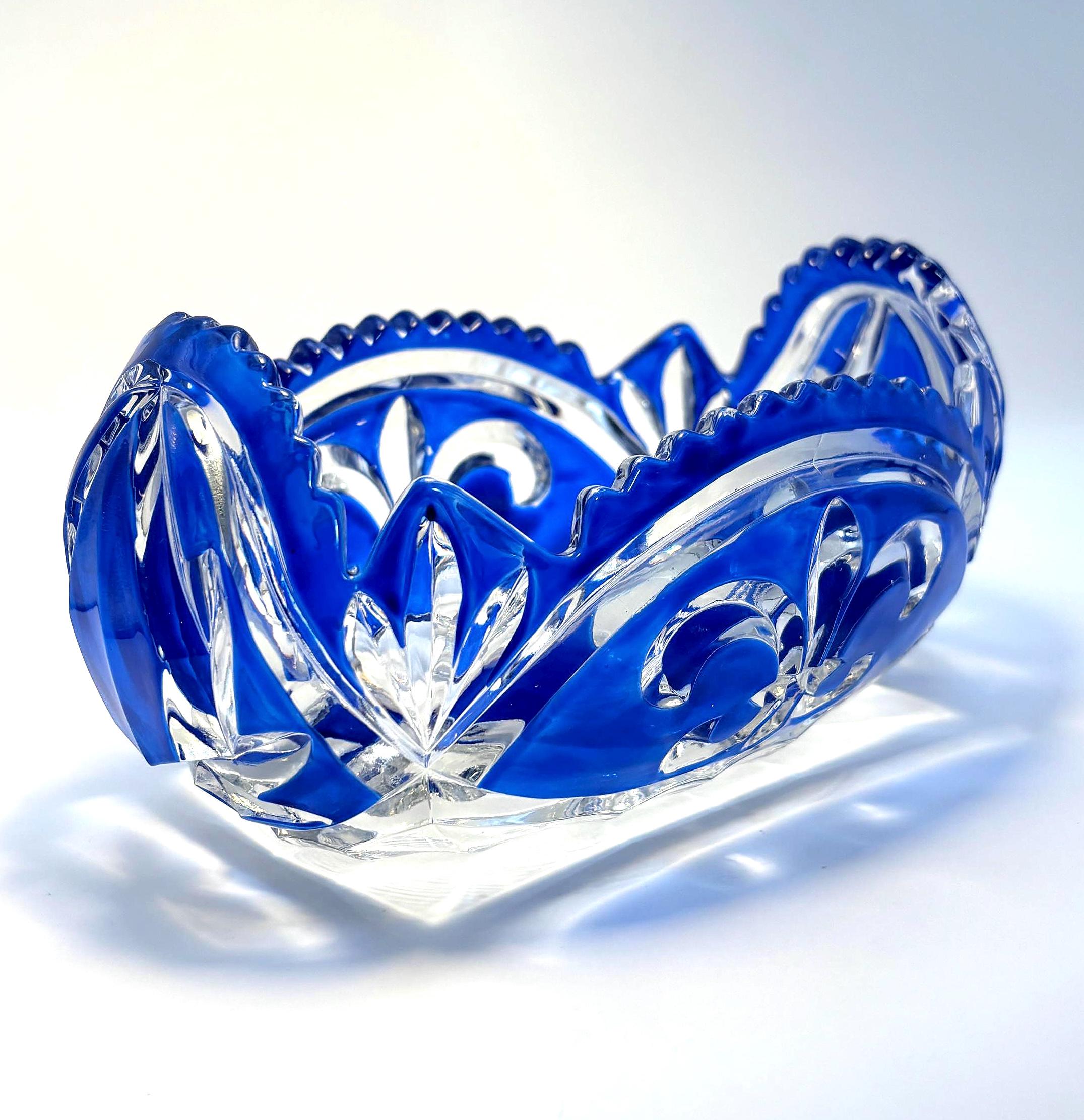 Vintage Bohemian Cobalt Blue Crystal Bowl | Rudolf Schrotter Fleur-de-Lis