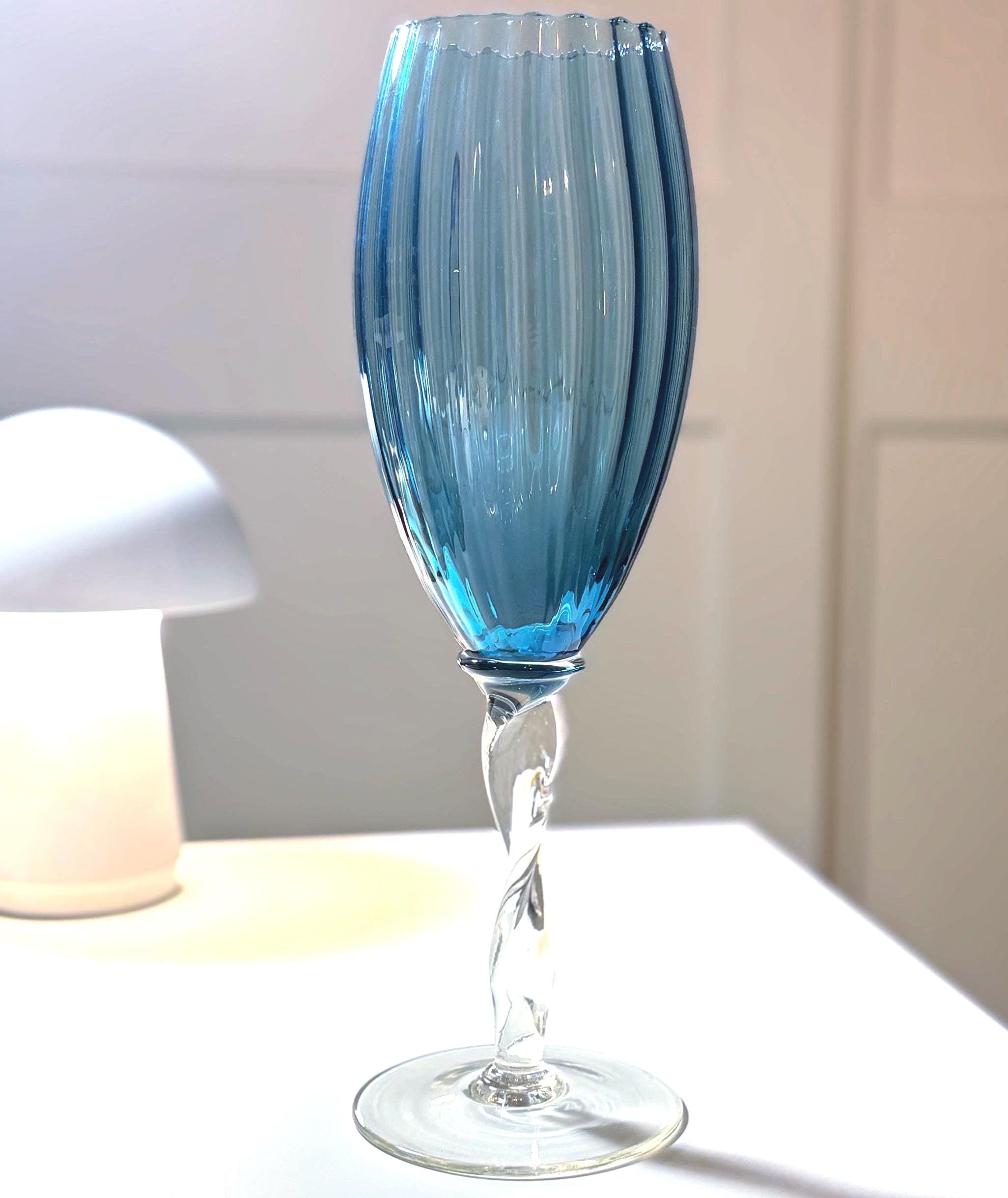 Vintage Empoli Blue Glass Vase, Tall Ribbed | Italian Art Glass