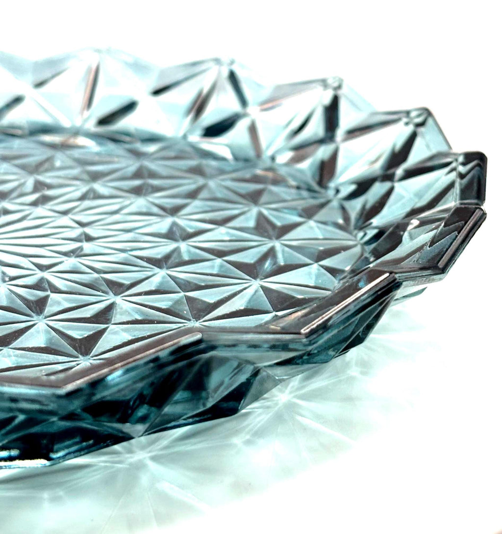 Vintage Bohemian Blue Crystal Serving Platter | Starburst Cut Glass 25 cm