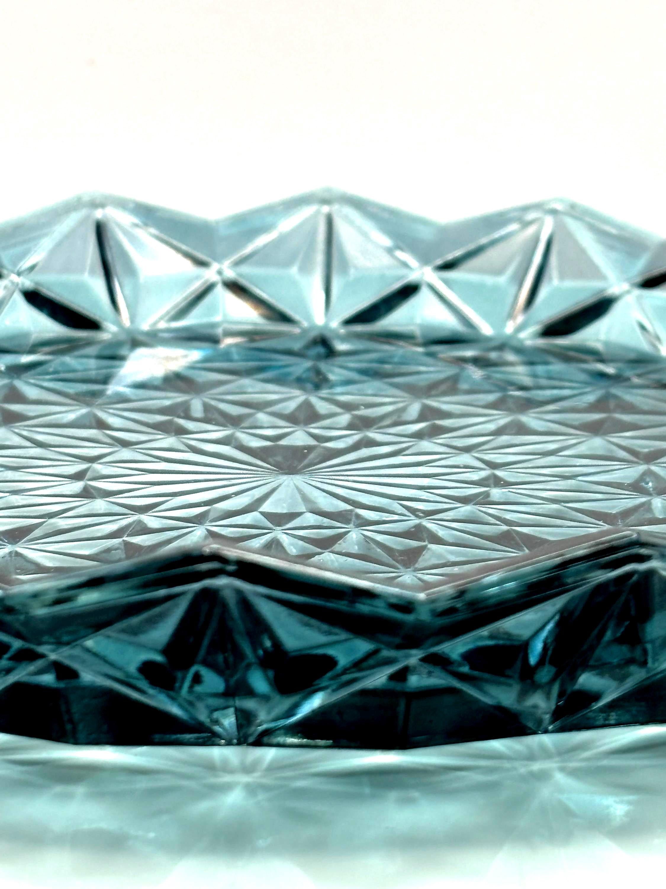 Vintage Bohemian Blue Crystal Serving Platter | Starburst Cut Glass 25 cm