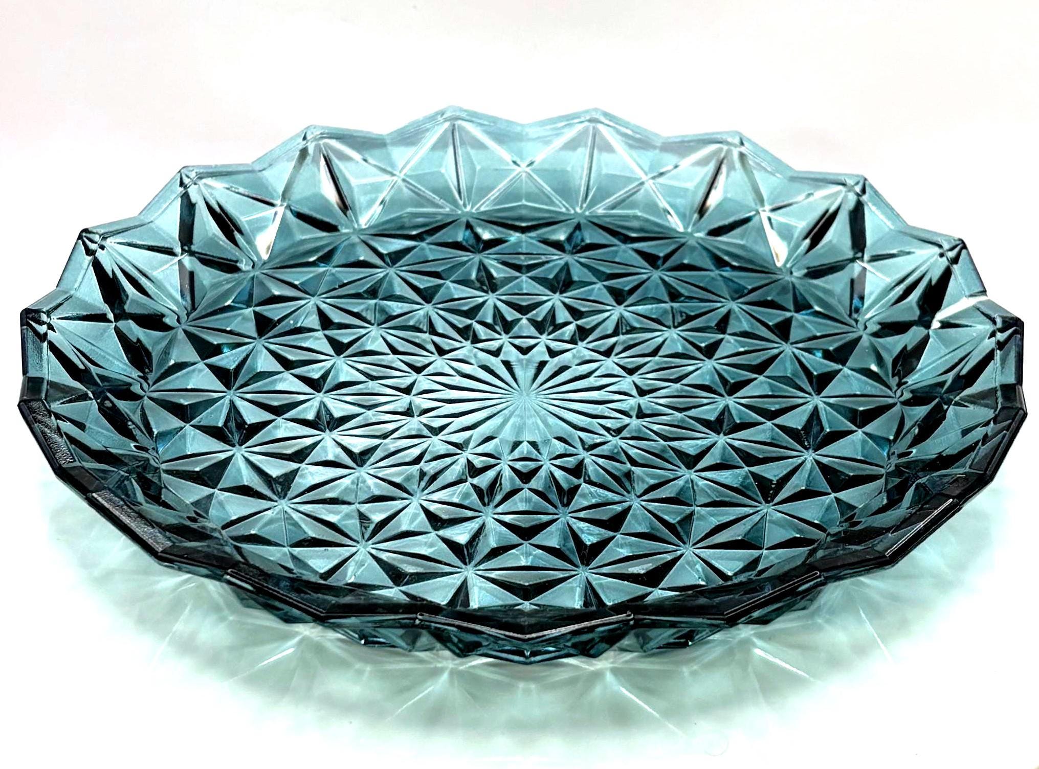 Vintage Bohemian Blue Crystal Serving Platter | Starburst Cut Glass 25 cm