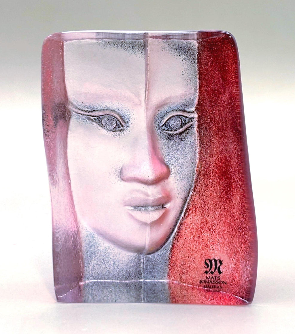 Vintage Mats Jonasson “Masq Face” Crystal Sculpture, Signed Swedish Art Glass, Målerås