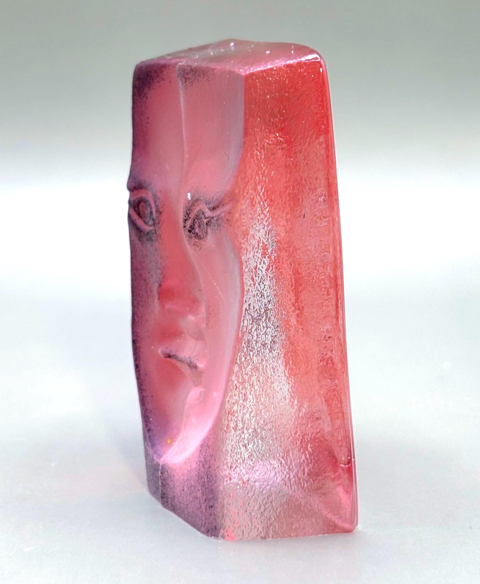 Vintage Mats Jonasson “Masq Face” Crystal Sculpture, Signed Swedish Art Glass, Målerås