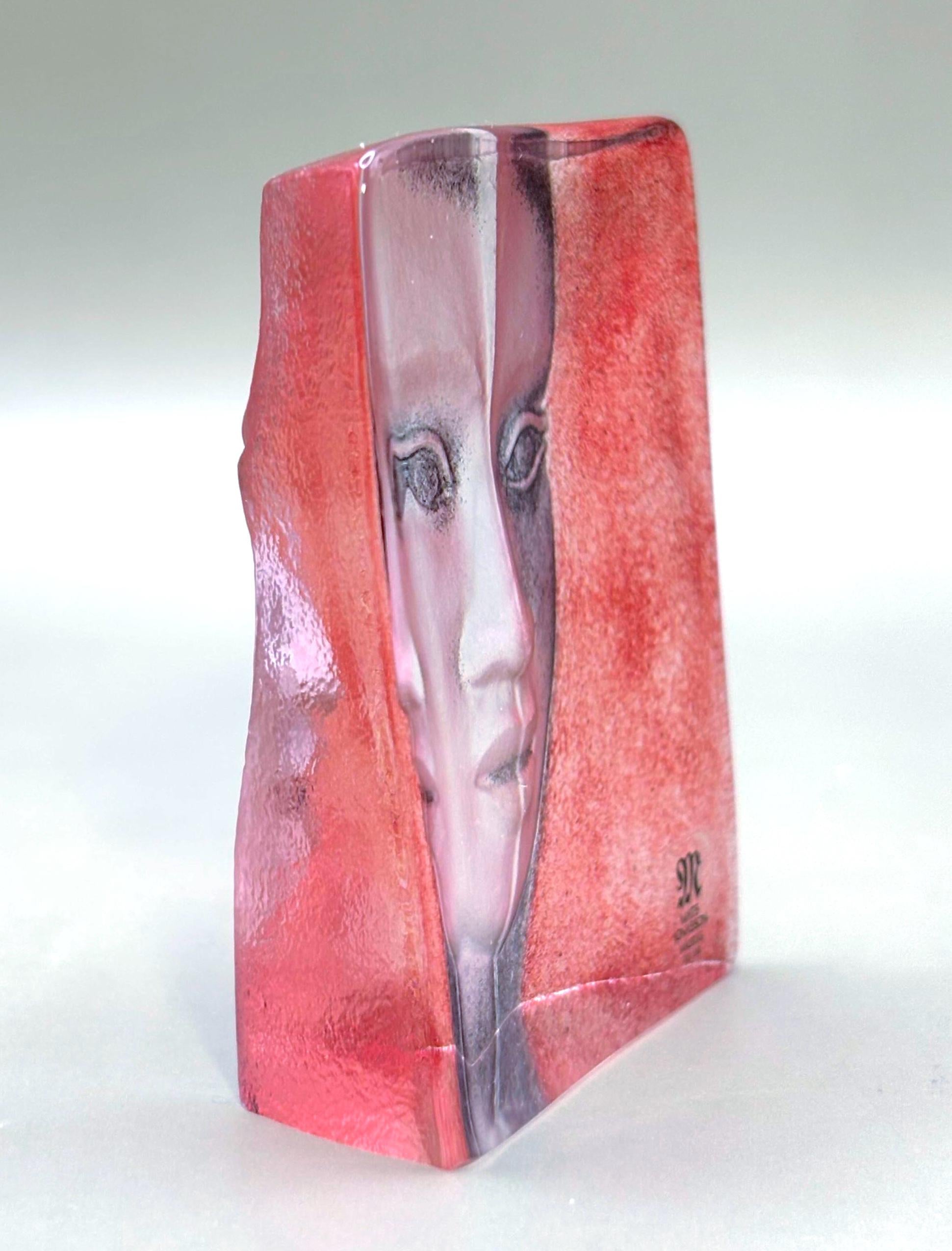 Vintage Mats Jonasson “Masq Face” Crystal Sculpture, Signed Swedish Art Glass, Målerås