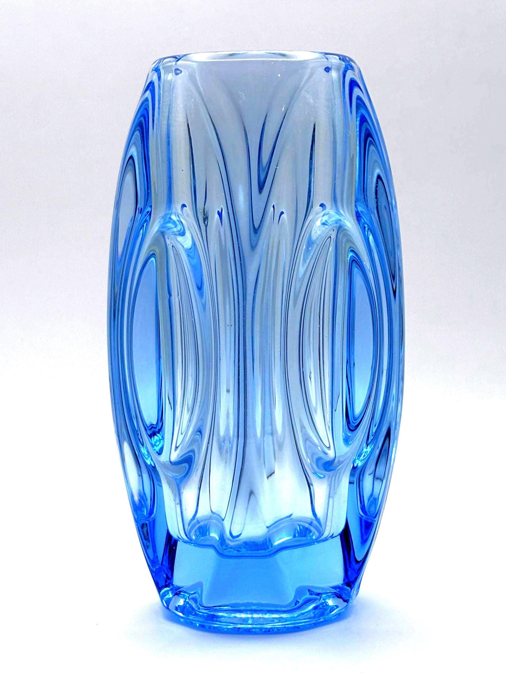 Rudolf Schrötter for Sklo Union, Czechoslovakia. Light blue Bullet Lens vase. 1955