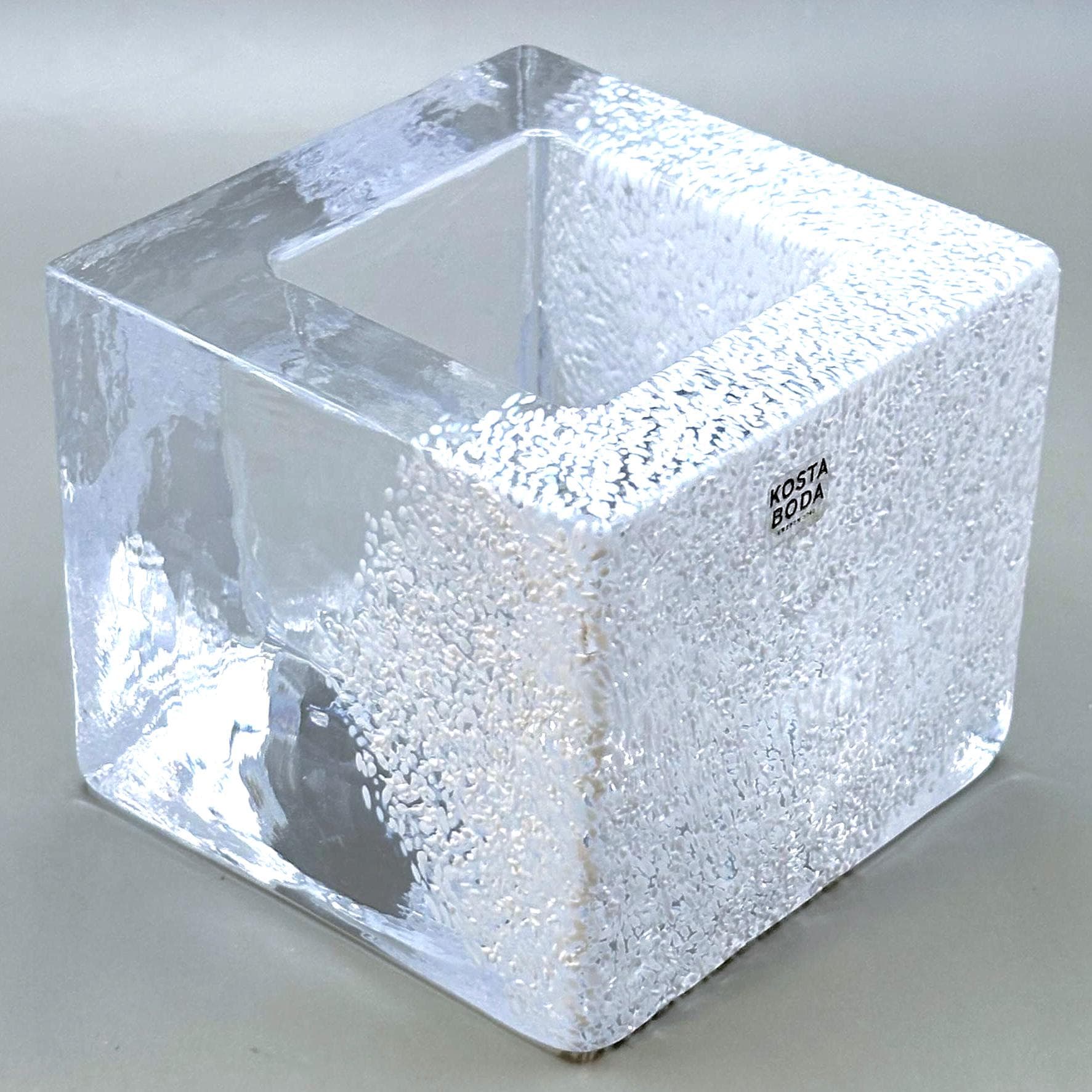 Vintage Kosta Boda Brick Crystal Votive, Anna Ehrner | Scandinavian Ice Glass Candle Holder