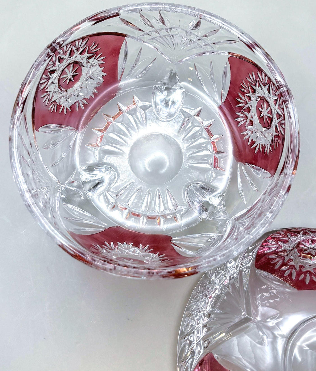 Bohemian Ruby Overlay Cut Crystal Candy Dish with Lid – Starburst Bonbonniere on Feet