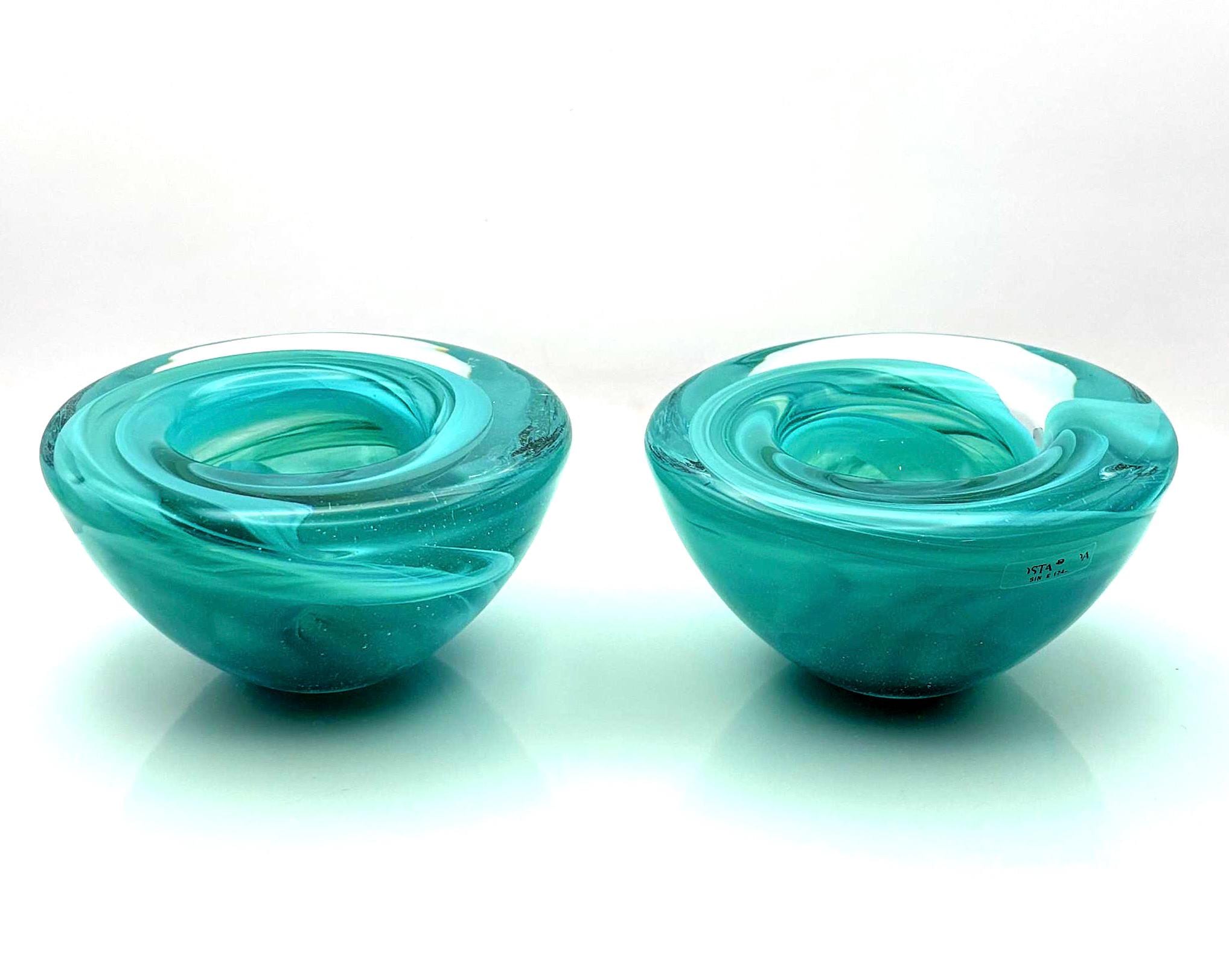Vintage Kosta Boda Tealight Holders | Turquoise & White Swirl Glass Pair
