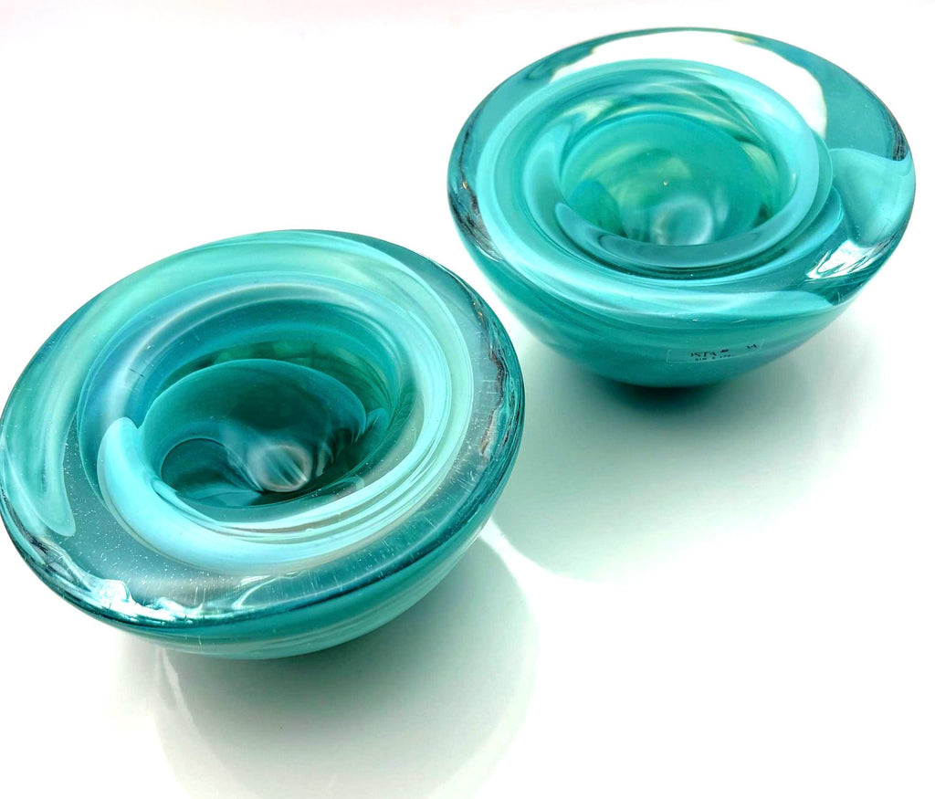 Vintage Kosta Boda Tealight Holders | Turquoise & White Swirl Glass Pair