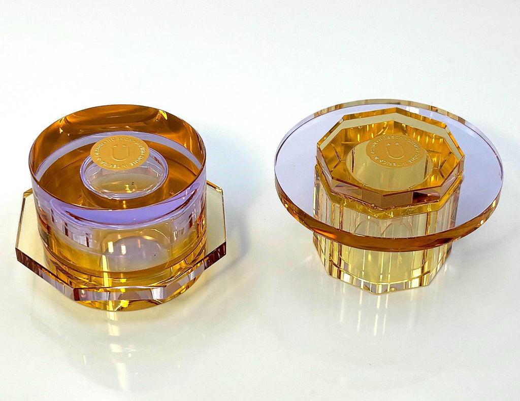 Hübsch Crystal Candleholders  Amber & Lilac Glass, Scandinavian Design, Original Gold Label