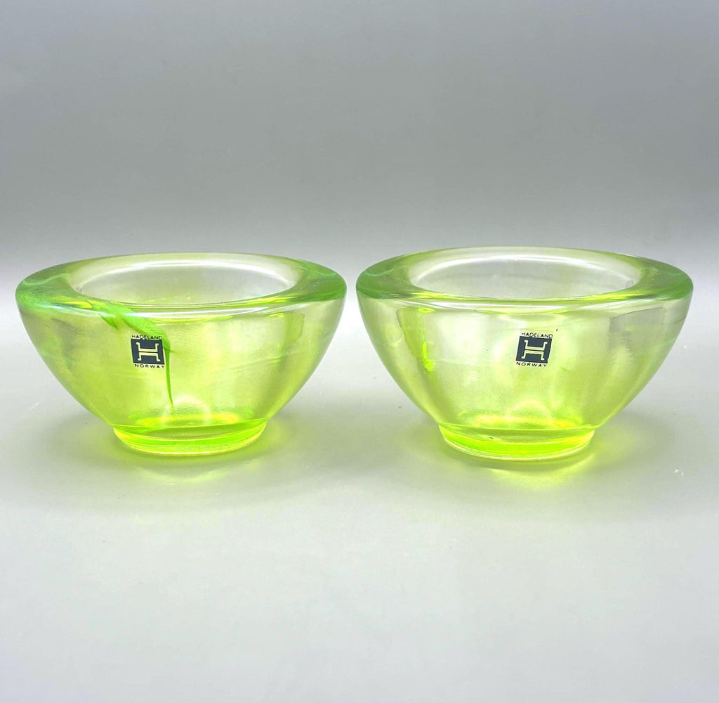 Vintage Hadeland Glassverk Lime Green Glass Candle Holders, Pair, Norway