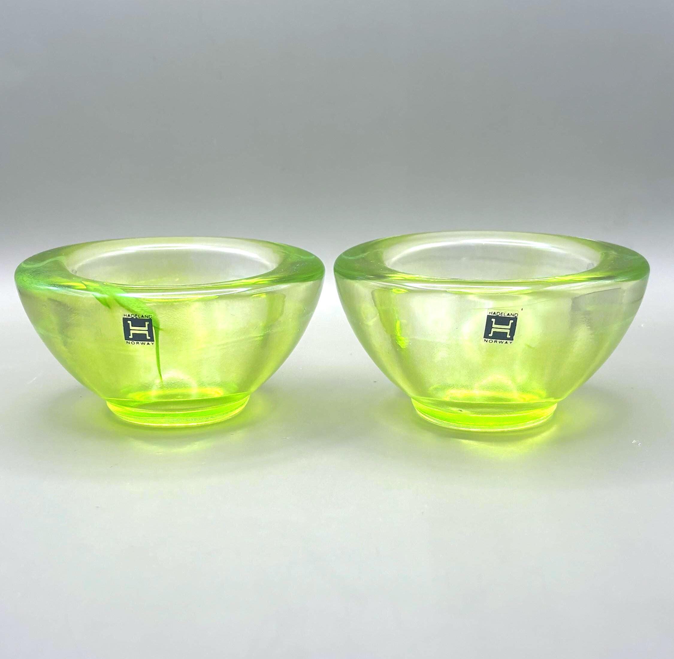 Vintage Hadeland Glassverk Lime Green Glass Candle Holders, Pair, Norway