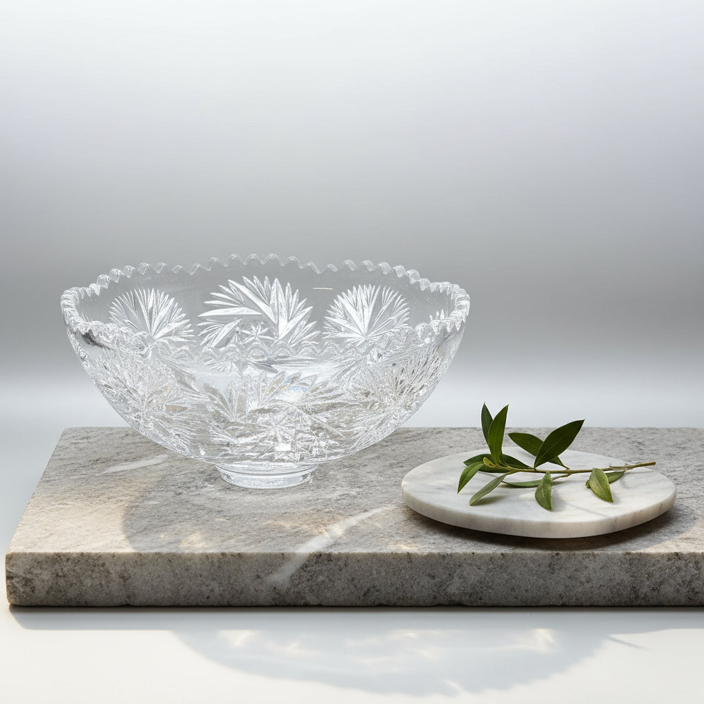 Vintage Bohemian, Czech. Hand-Cut Crystal Bowl with Starburst Pattern, 26 cm