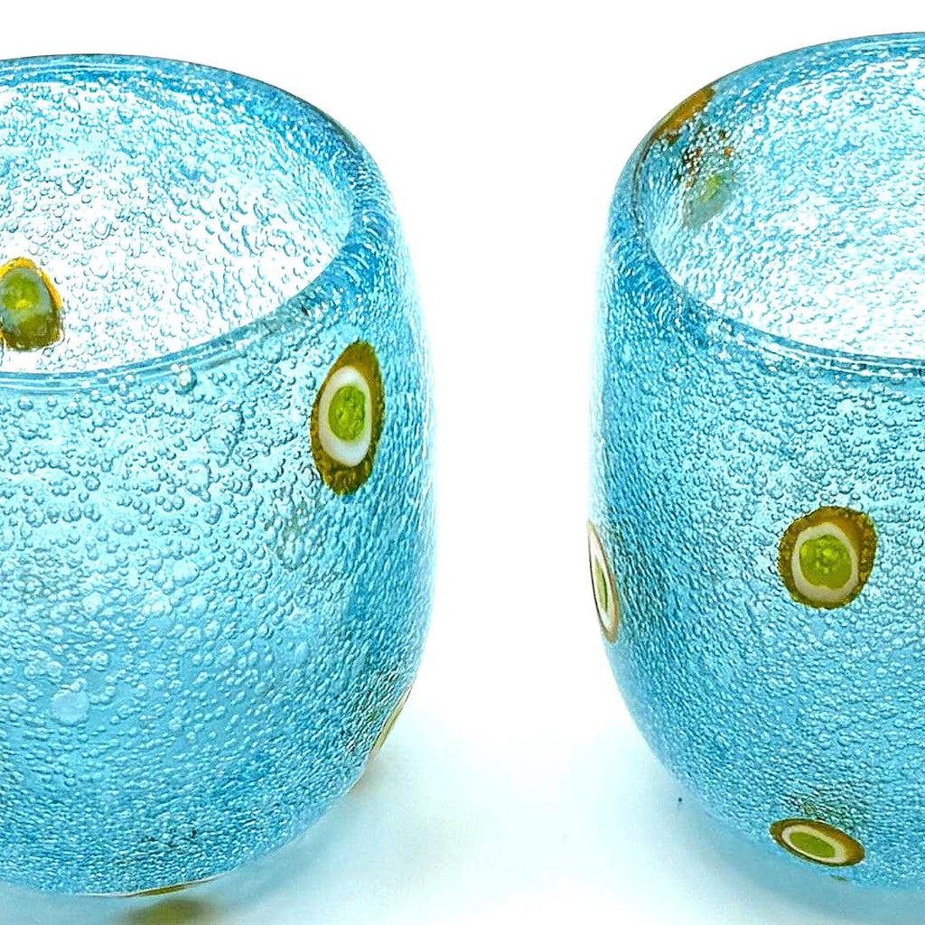 Millefiori-style, Henriques Turquoise Art Glass Tumblers | Mouth-Blown Art