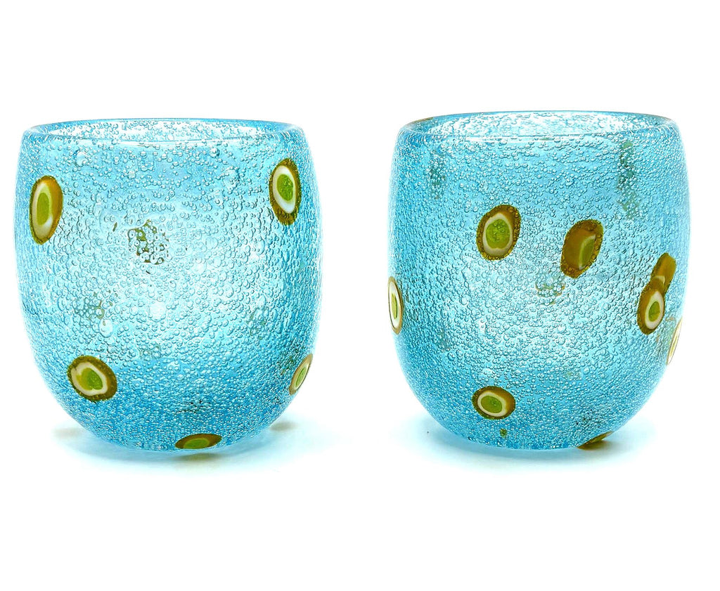 Millefiori-style, Henriques Turquoise Art Glass Tumblers | Mouth-Blown Art