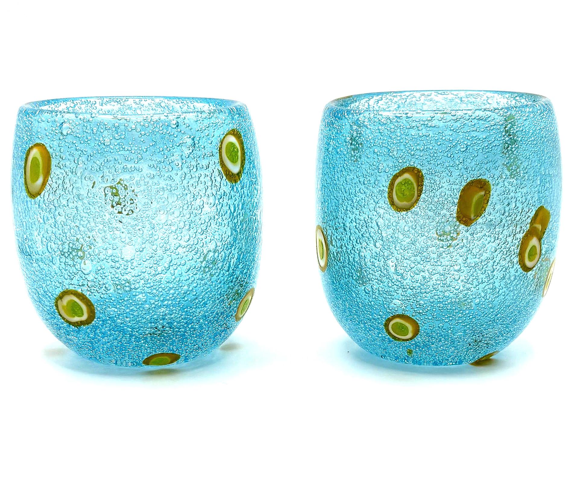 Millefiori-style, Henriques Turquoise Art Glass Tumblers | Mouth-Blown Art