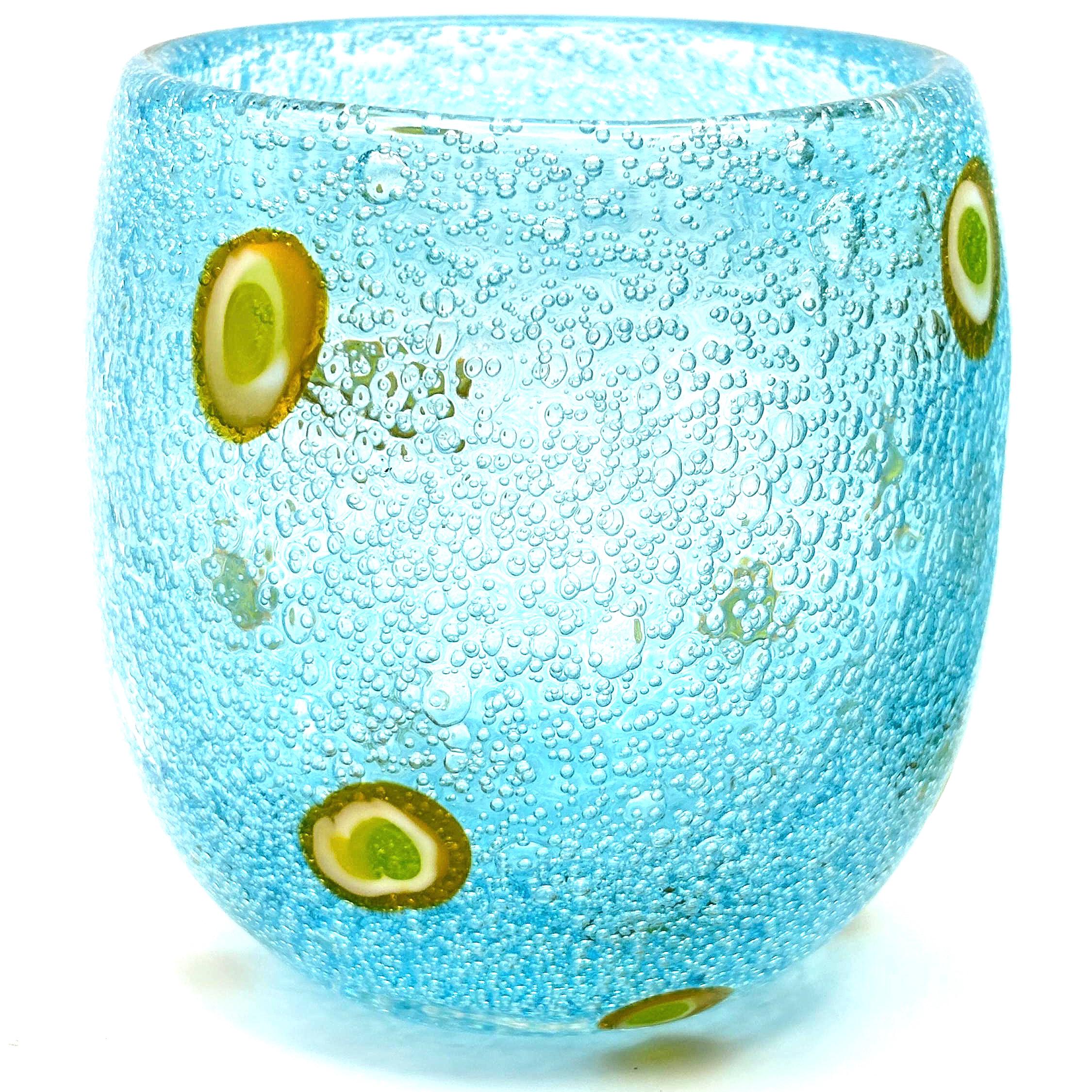 Millefiori-style, Henriques Turquoise Art Glass Tumblers | Mouth-Blown Art