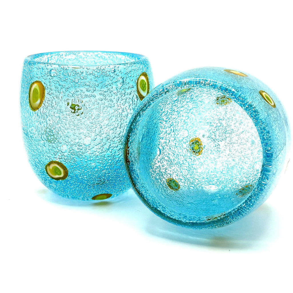 Millefiori-style, Henriques Turquoise Art Glass Tumblers | Mouth-Blown Art