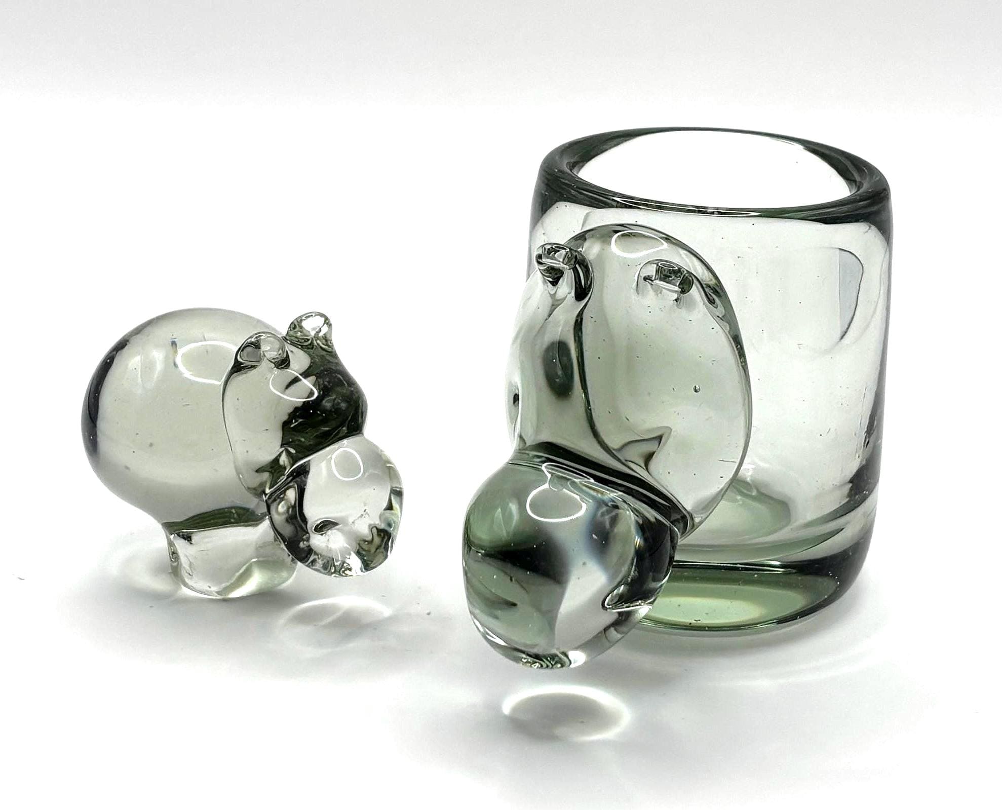 Vintage Holmegaard Hippo Mother and Child Glass Figurine | Scandinavian Modern Glass Art