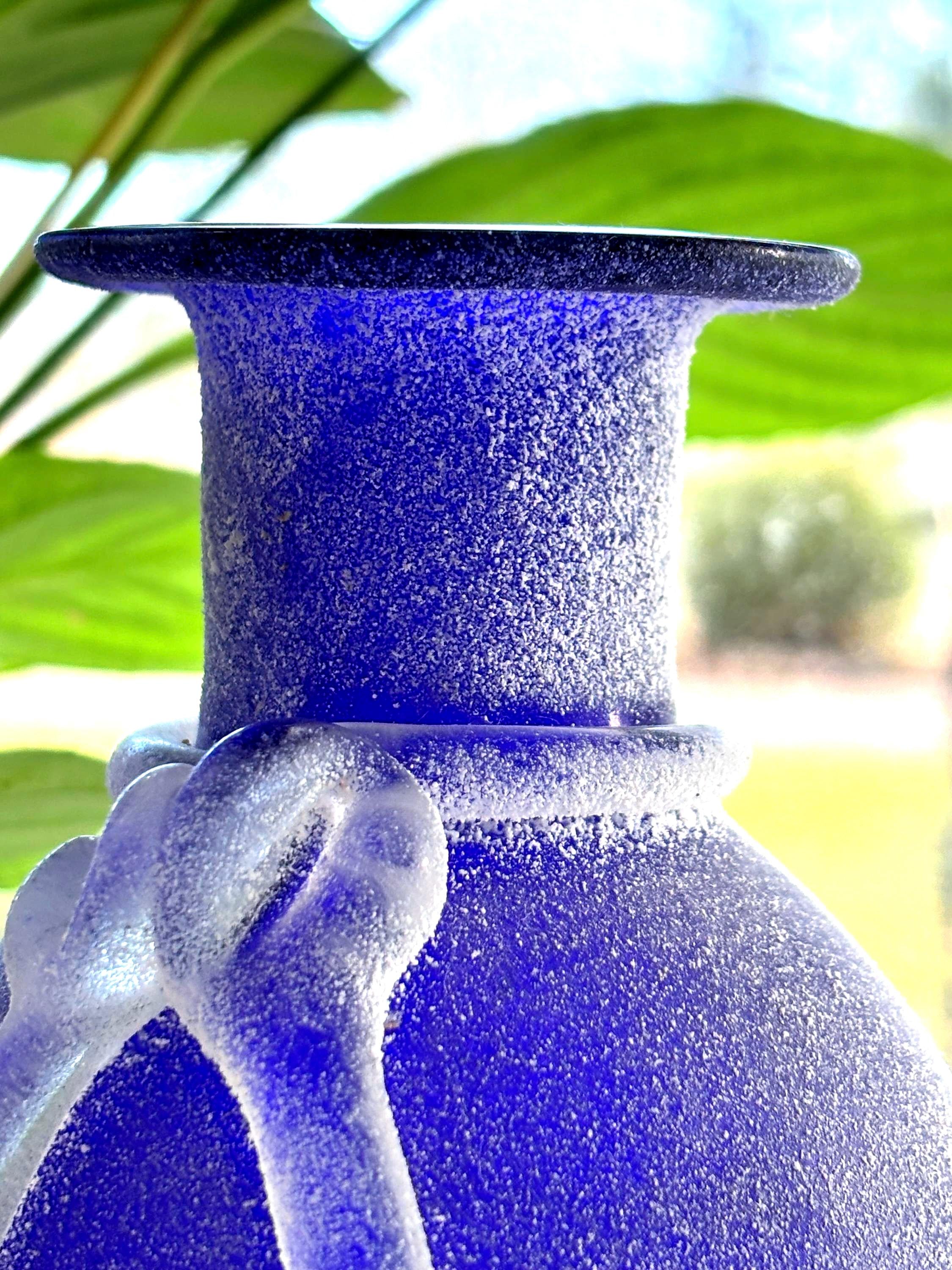 Vintage Murano Frosted Satin Art Glass Vase, Purple Blue, Original Label | Italian Decor
